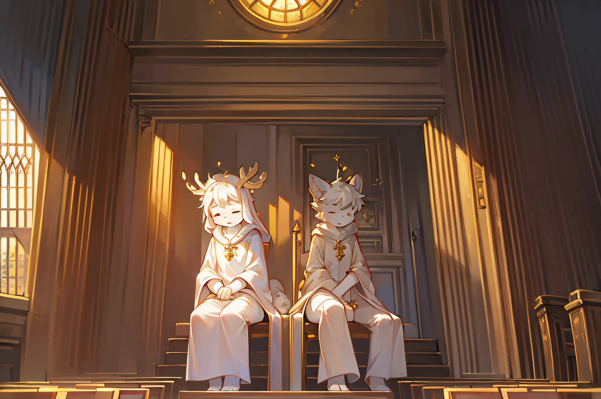 A white deer in a white robe，Sit in front of the church，stairways，Golden umbrella，rays of sunshine，Clear facial features，Close your eyes，serene，gentleness，Golden umbrella，nerds，folding fan