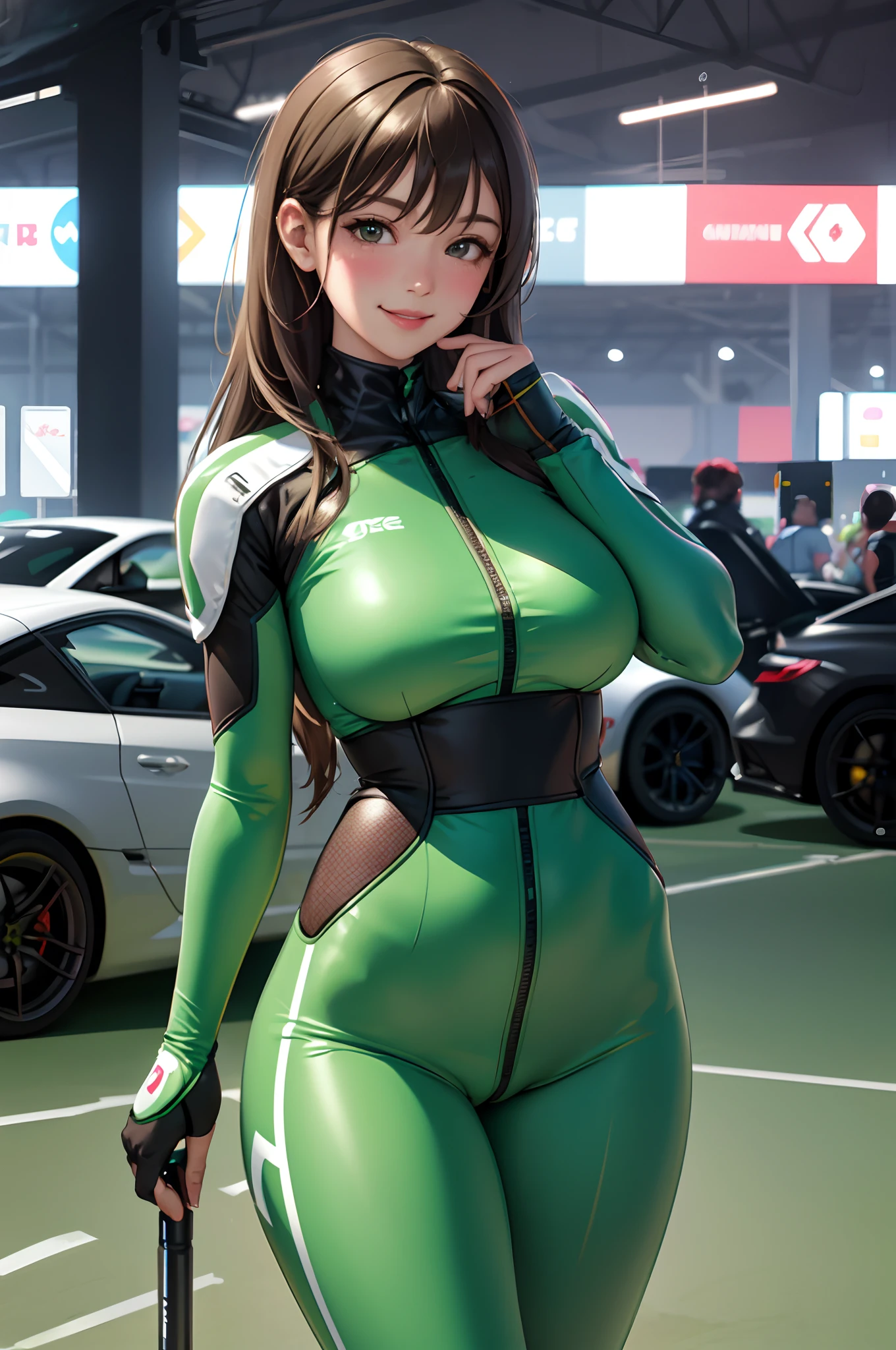 Sexy busty girl, in a green spy suit