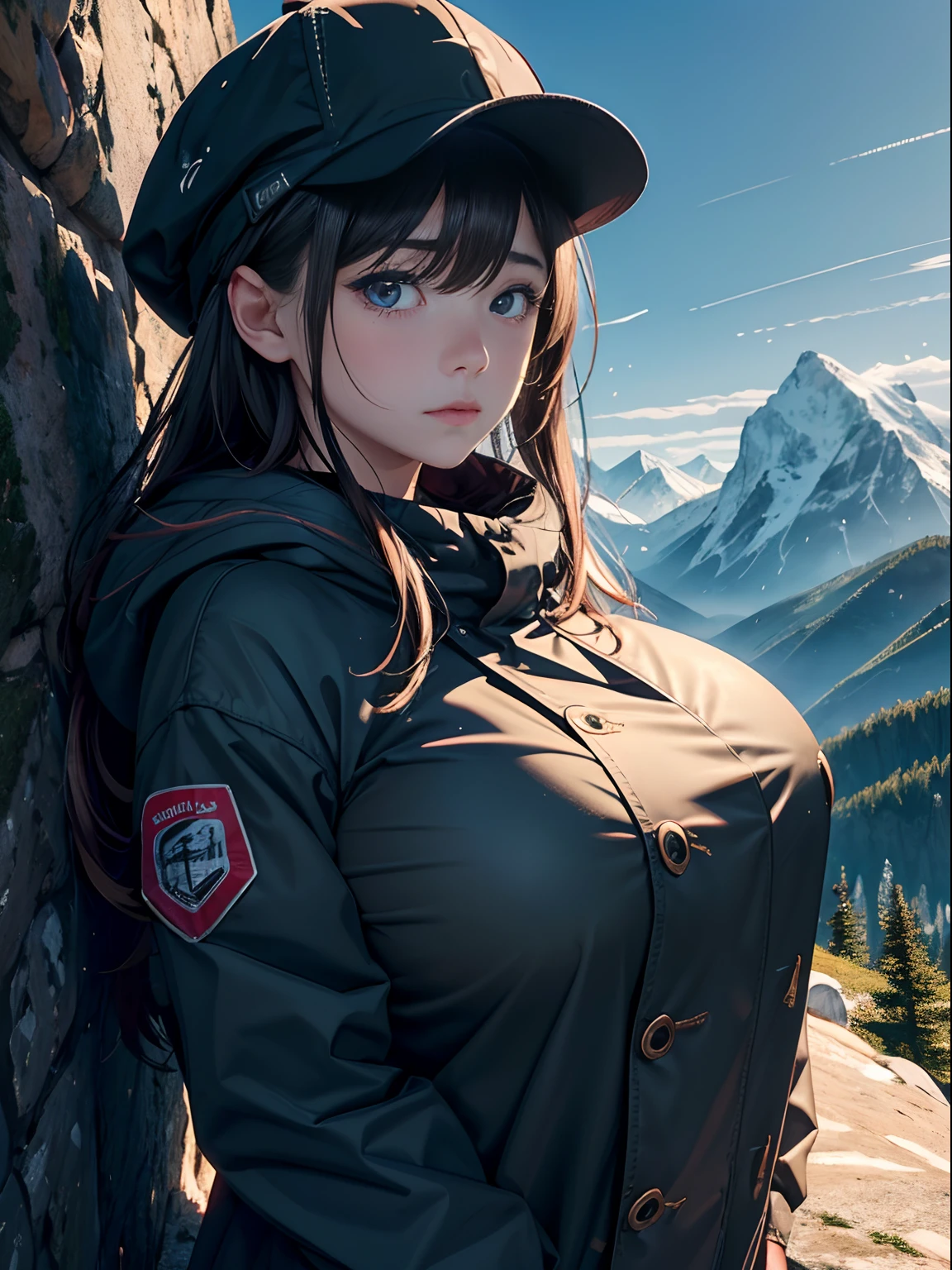 A teenage girl、(masterpiece:1.4)、(in 8K、realisitic、Raw photo、top-quality:1.4)、(Real Face:1.4)、(real looking skin:1.3)、超A high resolution、A hyper-realistic、Eyes in Beautiful Details、Brown shorthair、parka、Hats、mountain climbing、(huge-breasted:1.5)、gargantilha、Blushing、alluring face、in mountains、rivulets