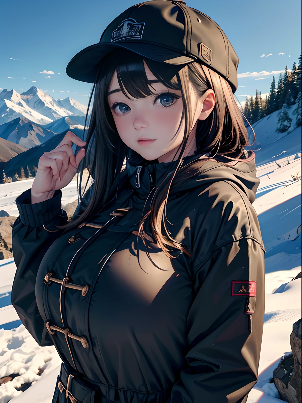 A girl、(masterpiece:1.4)、(in 8K、realisitic、Raw photo、top-quality:1.4)、(Real Face:1.4)、(real looking skin:1.3)、超A high resolution、A hyper-realistic、Eyes in Beautiful Details、Brown shorthair、parka、Hats、mountain climbing、(huge-breasted:1.5)、gargantilha、Blushing、alluring face、in mountains、rivulets