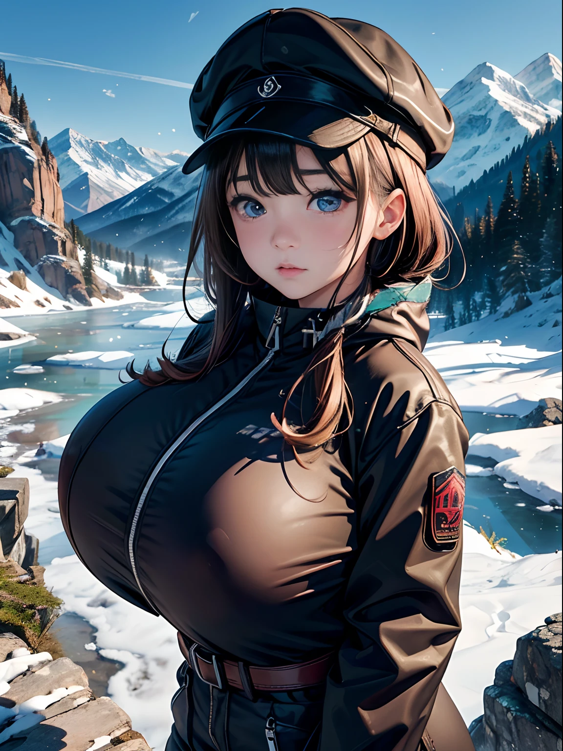 A girl、(masterpiece:1.4)、(in 8K、realisitic、Raw photo、top-quality:1.4)、(Real Face:1.4)、(real looking skin:1.3)、超A high resolution、A hyper-realistic、Eyes in Beautiful Details、Brown shorthair、parka、Hats、mountain climbing、(huge-breasted:1.5)、gargantilha、Blushing、alluring face、in mountains、rivulets