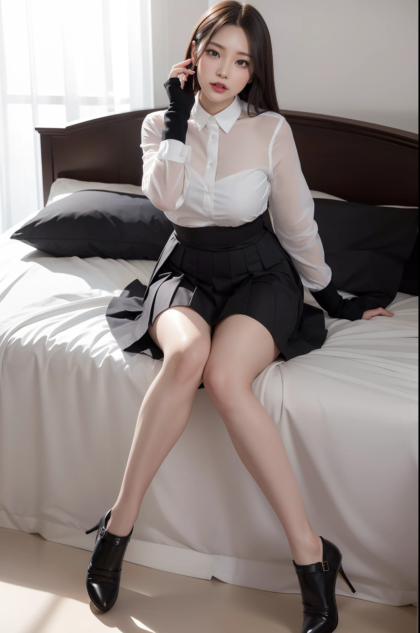 Fascinating beauty、Officelady、whiteshirt、Black pleated skirt、Black pantyhose、charming oval face、二重まぶた、Clear eyes、Dark red lipstick、Beautiful thin legs、toned ankles、The ultra -The high-definition、The ultra-detailliert、Graceful standing、Create a slender lower body curve、Express adult femininity、top-quality、8K、ultra-detailliert、Soio、9 head body、Night、Move ki、The Darkness、seductiv、Brainwashed、Evil Fall、wicked、darkness