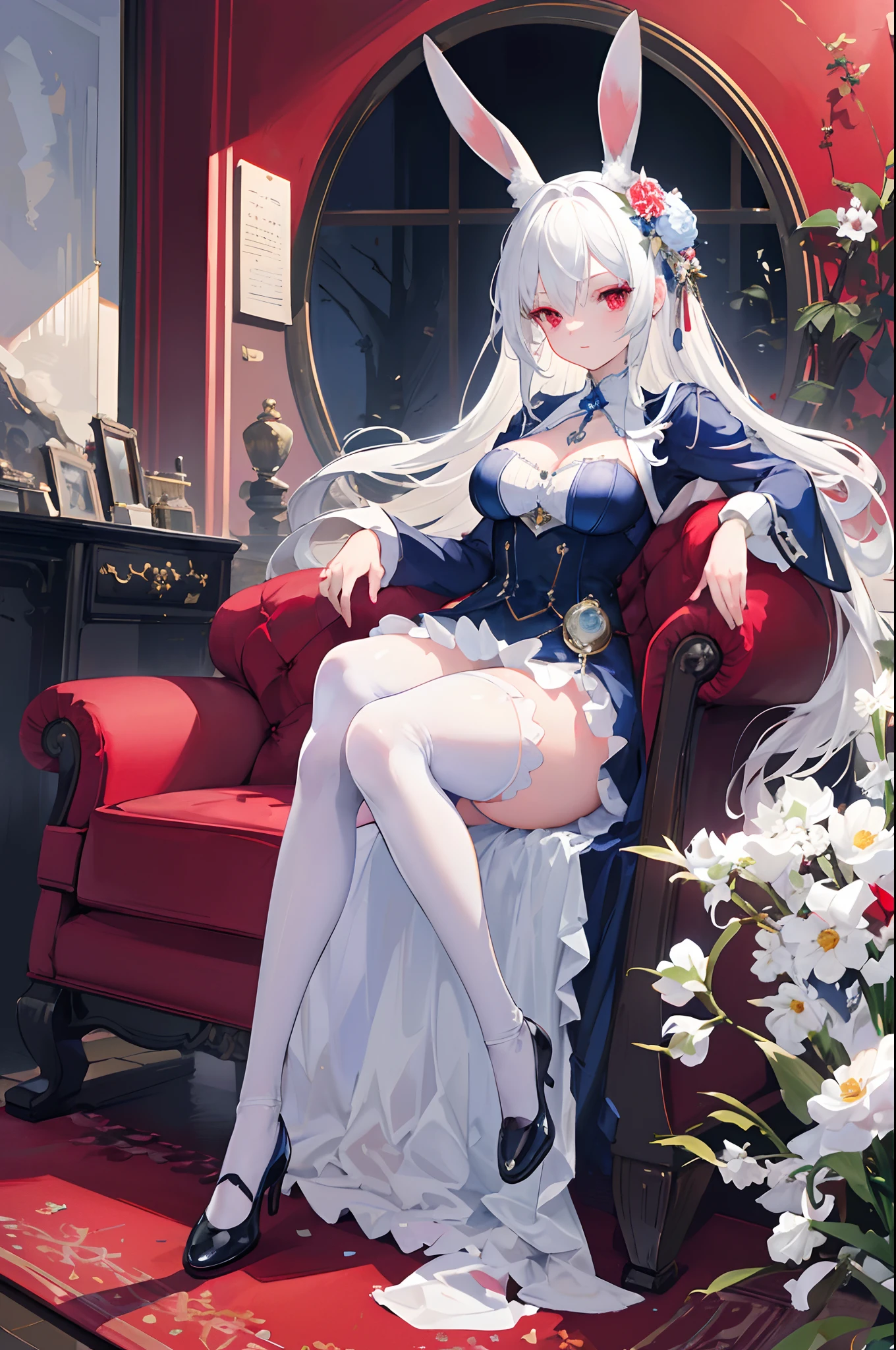 ((masterpiece, best quality, high resolution)), 1female, bunny ears, white hair, red eyes, forest, wonderland, blue gothic dress, mature, white stockings, multi-color flowers, pocket watch, thick thighs, medium breasts