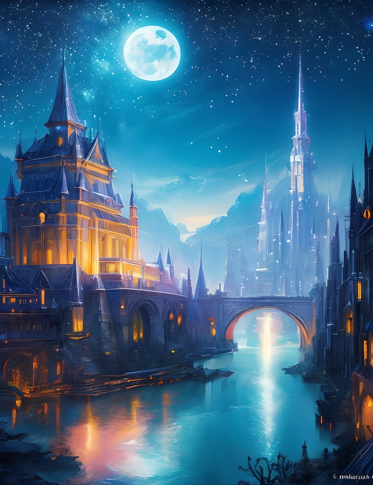 the met、Painting of a river with stars and moon in the sky、the met、Shining skyscrapers、Shine across the board、Skyscrapers、Concept art inspired by Mitsuoki Tosa、pixiv contest winners、top-quality、Fantasyart、beautiful anime scene、Bright moon、Moonlit star environment、Dream painting、Anime Background Art、Fantasy landscape art、fantasy knight、anime backgrounds、background artwork、Fantastic art、atmospheric anime、starrysky、Detail has been enhanced。