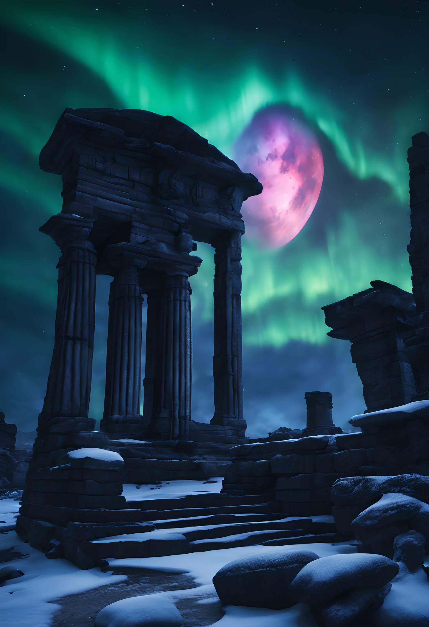 Auroras appear in the sky，ruins of alien-infested ancient cities，g1g3r