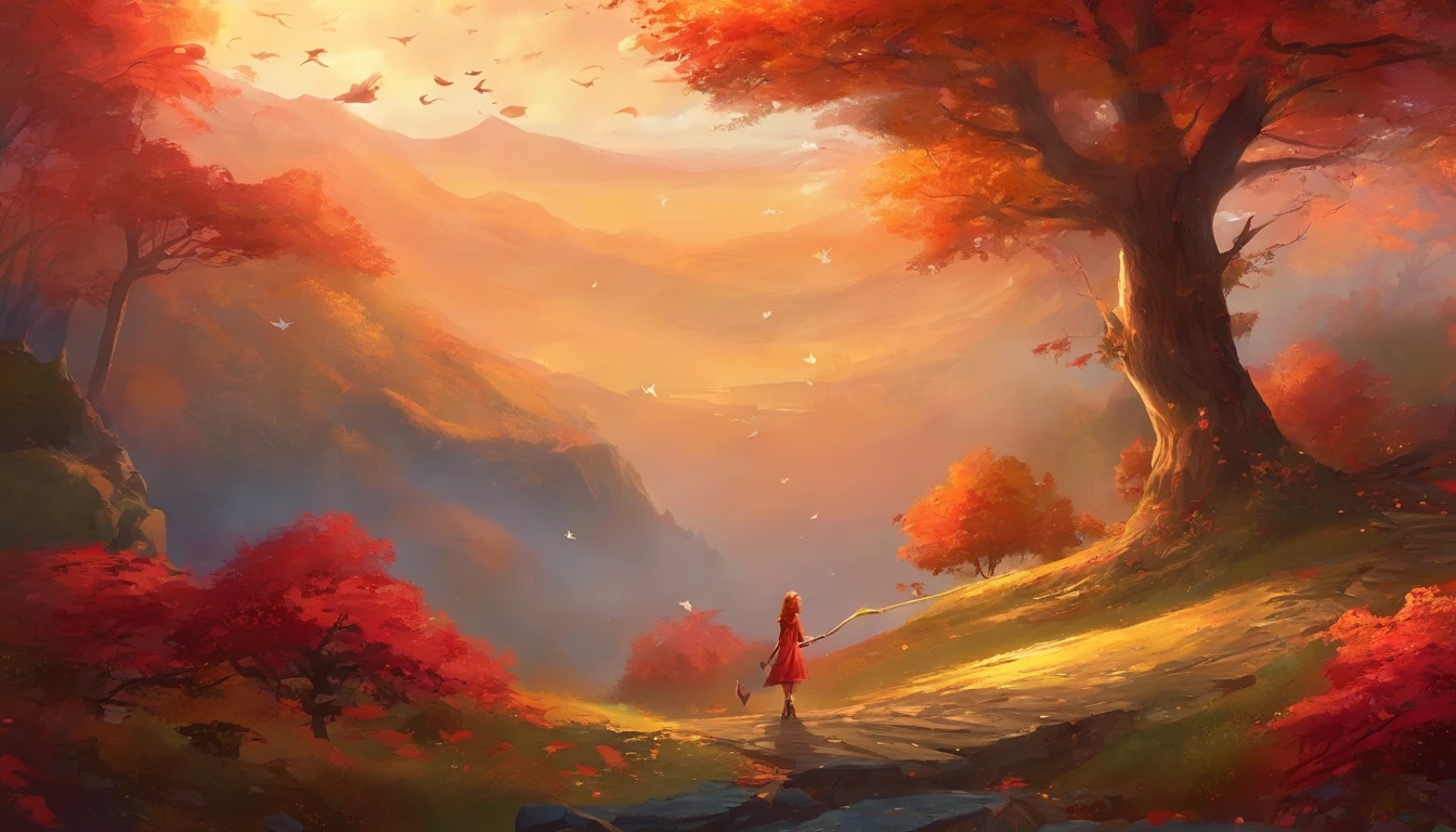 Mountainside,Red House Room,Big maple tree,Clean the pavement,Fallen leaves,autumnal,The back of a girl in purple in the early morning,Light yellow tone,super-fine,Carefully portrayed,high qulity,4K