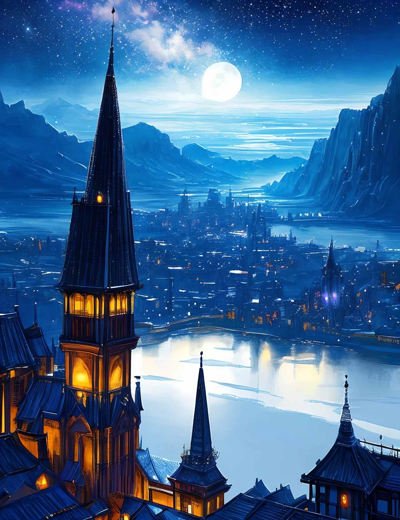 the met、Painting of a river with stars and moon in the sky、the met、Shining skyscrapers、Shine across the board、Skyscrapers、Concept art inspired by Mitsuoki Tosa、pixiv contest winners、top-quality、Fantasyart、beautiful anime scene、Bright moon、Moonlit star environment、Dream painting、Anime Background Art、Fantasy landscape art、fantasy knight、anime backgrounds、background artwork、Fantastic art、atmospheric anime、starrysky、Detail has been enhanced。