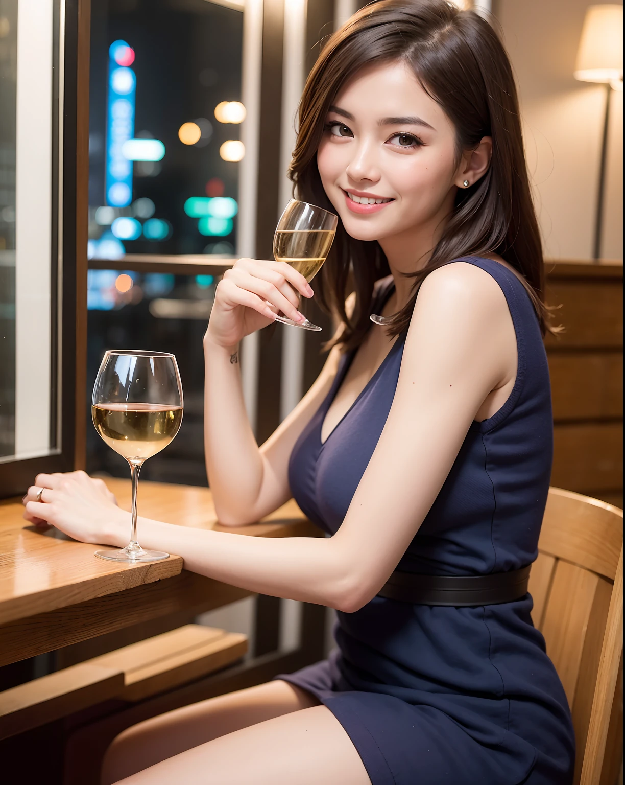 (64K, UHD, top quality, masterpiece: 1.2), (realistic, photorealistic: 1.37), super detailed, pretty woman 1 person, (slim face), (slim body), (brown hair), (short cut), cheeks slightly blushing, (44 years old), 38 years old, solo, beautiful detailed urban night view outside the window, restaurant, wine glasses sit, at night, in a prominent placeNovaFrogStyle, Actress, Model, Waist Up, White Wine, Slim, Wine Glass, Super Clean Night View, Wine Glass Put in the Middle, Happy Smile, (Smile: 1.15), Beautiful Fine Eyes, Upper Body, Bust Japan Up, Night, Short, Short, Actress, Model, Waist Up, White Wine, Slim, Wine Glass, Super Clean Night View, Wine Glass Put in the Middle, Happy Smile,