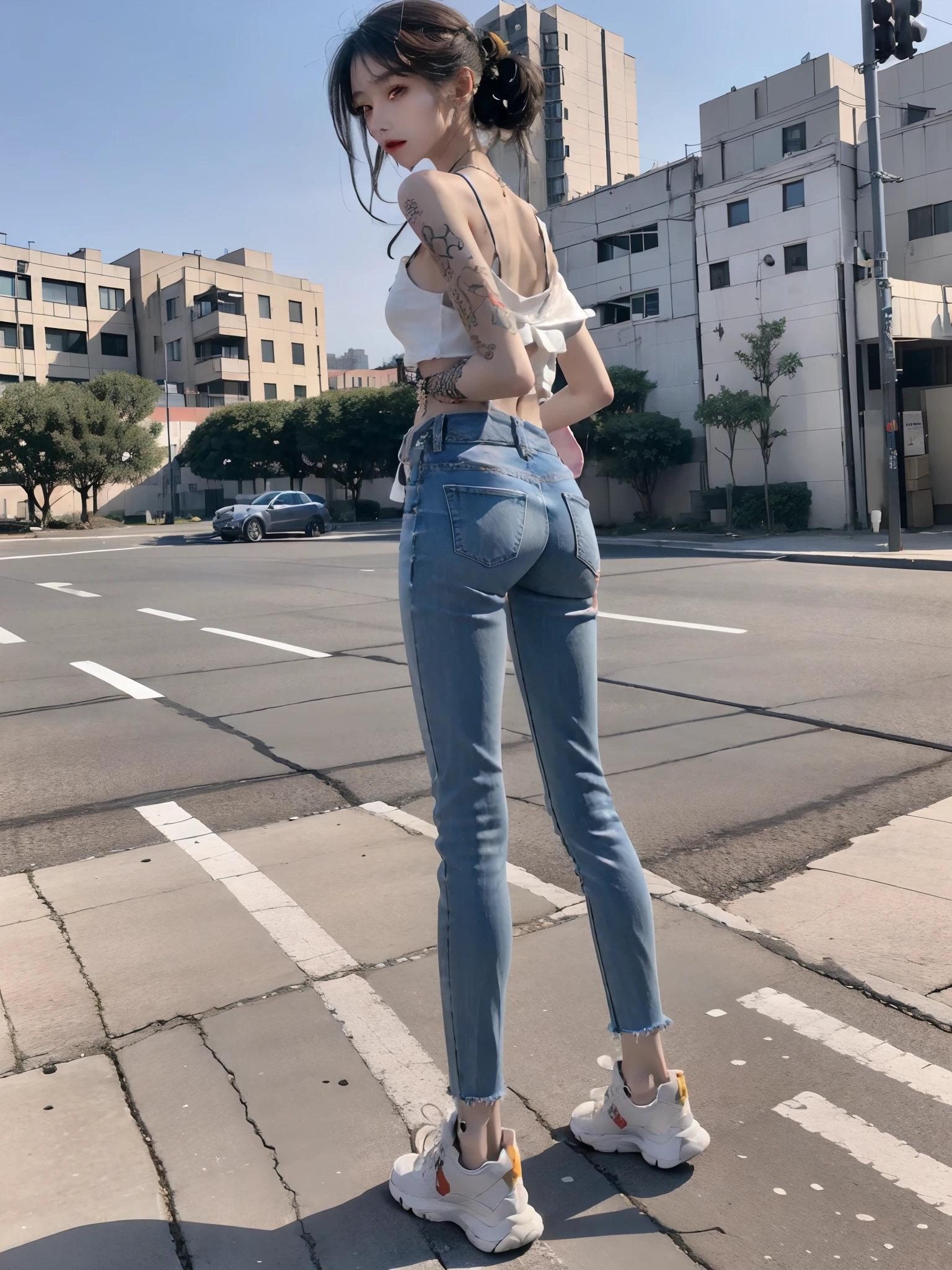 best qualtiy,Have on the street,one-girl,Fashion model,Back shadow,Slender and slender figure,Skinny,As thin as a whipping post,Smaller bust,bangle,with tattoos。athletic sneakers,denim pant,The legs are dirty,Girls excrete feces in their pants,Brown viscous substance,Perverted,nausea,artist wearing dirty,Wear dirty pants,excrement, vomit,polution,Dirty legs,Dirt stains cov