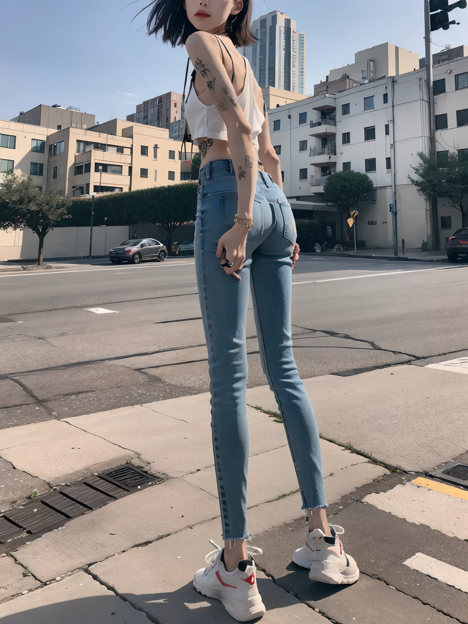 best qualtiy,Have on the street,one-girl,Fashion model,Back shadow,Slender and slender figure,Skinny,As thin as a whipping post,Smaller bust,bangle,with tattoos。athletic sneakers,denim pant,The legs are dirty,Girls excrete feces in their pants,Brown viscous substance,Perverted,nausea,artist wearing dirty,Wear dirty pants,excrement, vomit,polution,Dirty legs,Dirt stains cov