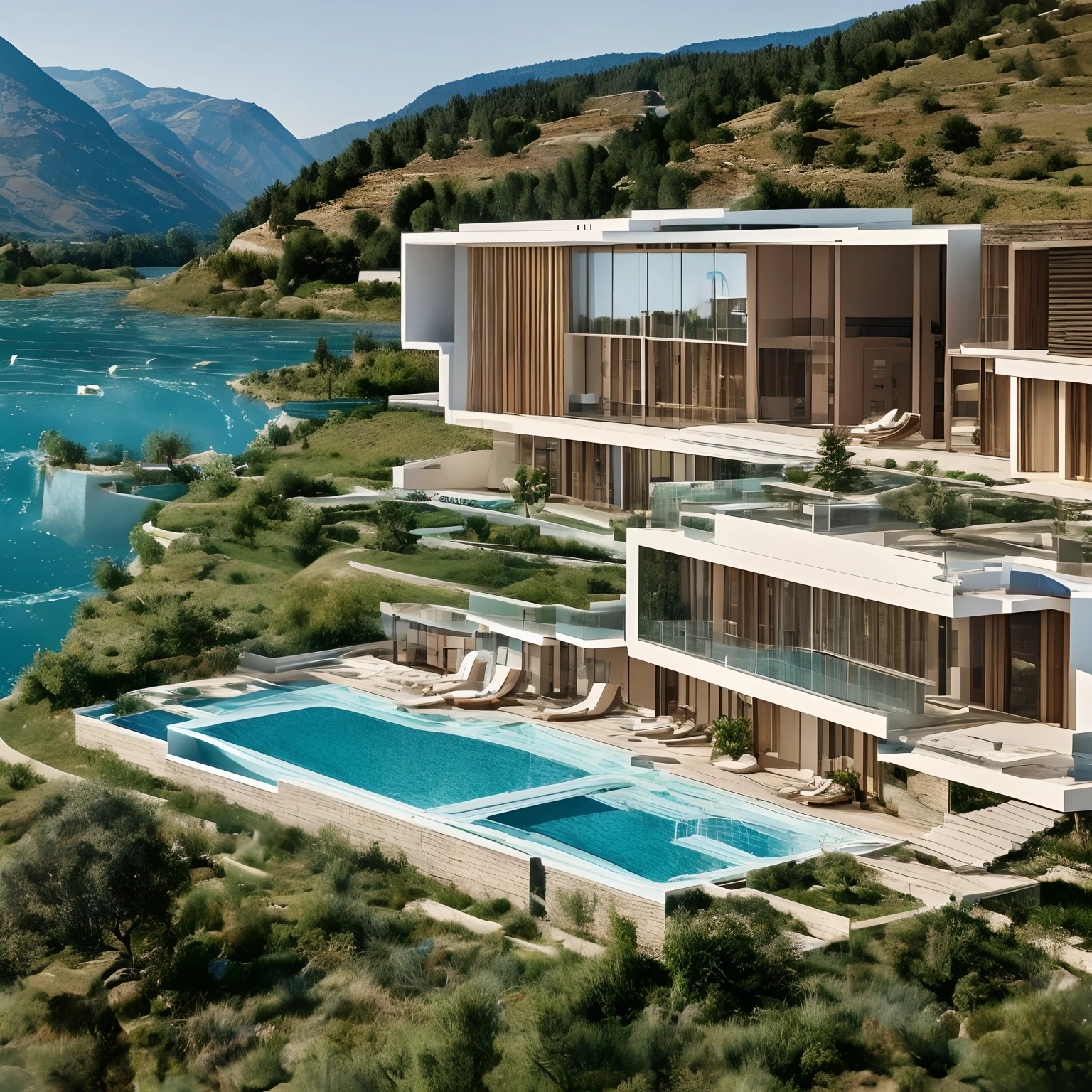 High definition raw photo, Realistic architecture, Modern house, large House, House with Swimming pool, Building at hill, surrounded by mountains,beautiful river