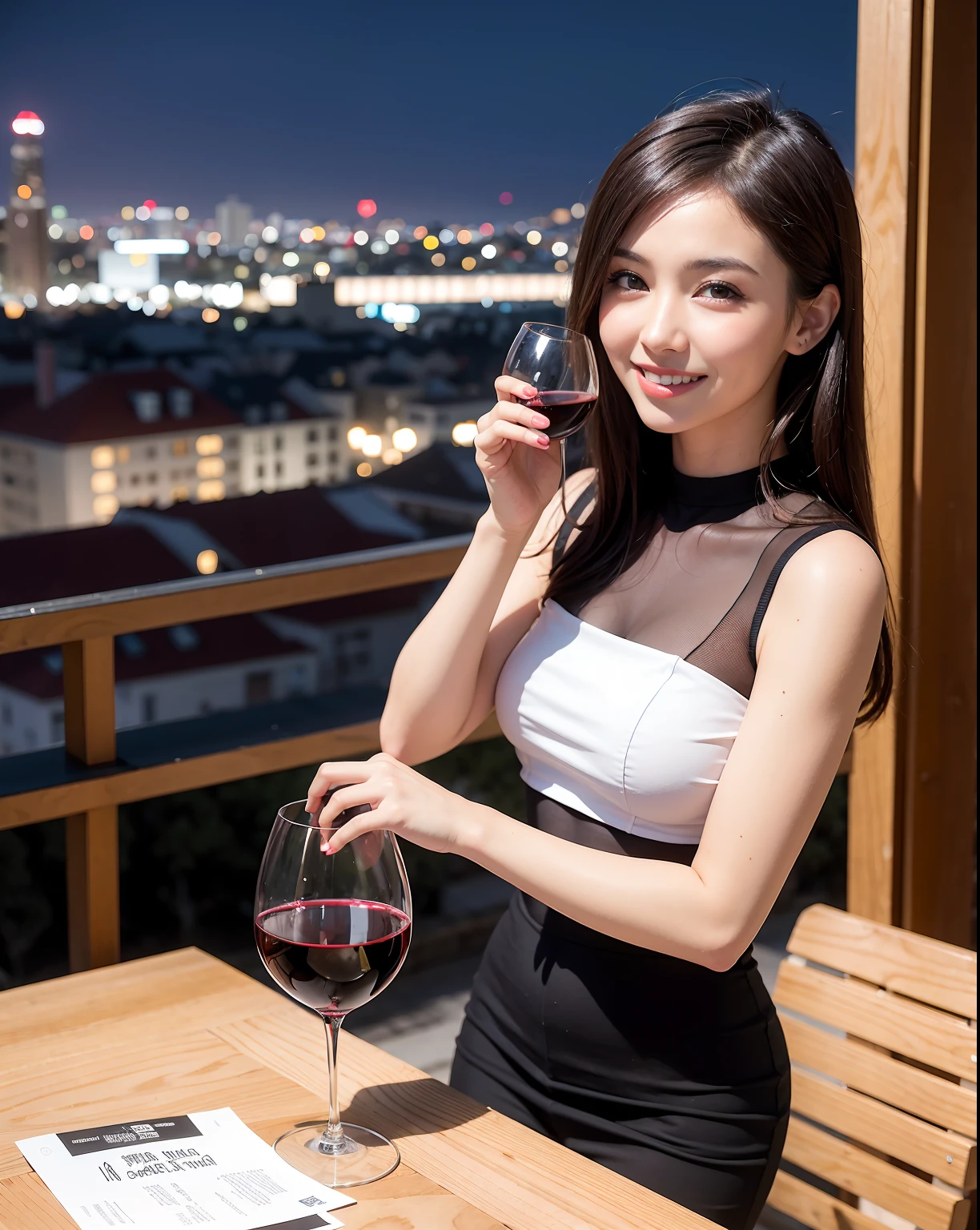 (64K, UHD, top quality, masterpiece: 1.2), (realistic, photorealistic: 1.37), super detailed, pretty woman 1 person, (slim face), (slim body), (brown hair), (short cut), cheeks slightly blushing, (44 years old), 38 years old, solo, beautiful detailed urban night view outside the window, restaurant, wine glasses sit, at night, in a prominent placeNovaFrogStyle, Actress, Model, Waist Up, White Wine, Slim, Wine Glass, Super Clean Night View, Wine Glass Put in the Middle, Happy Smile, (Smile: 1.15), Beautiful Fine Eyes, Upper Body, Bust Japan Up, Night, Short, Short, Actress, Model, Waist Up, White Wine, Slim, Wine Glass, Super Clean Night View, Wine Glass Put in the Middle, Happy Smile,