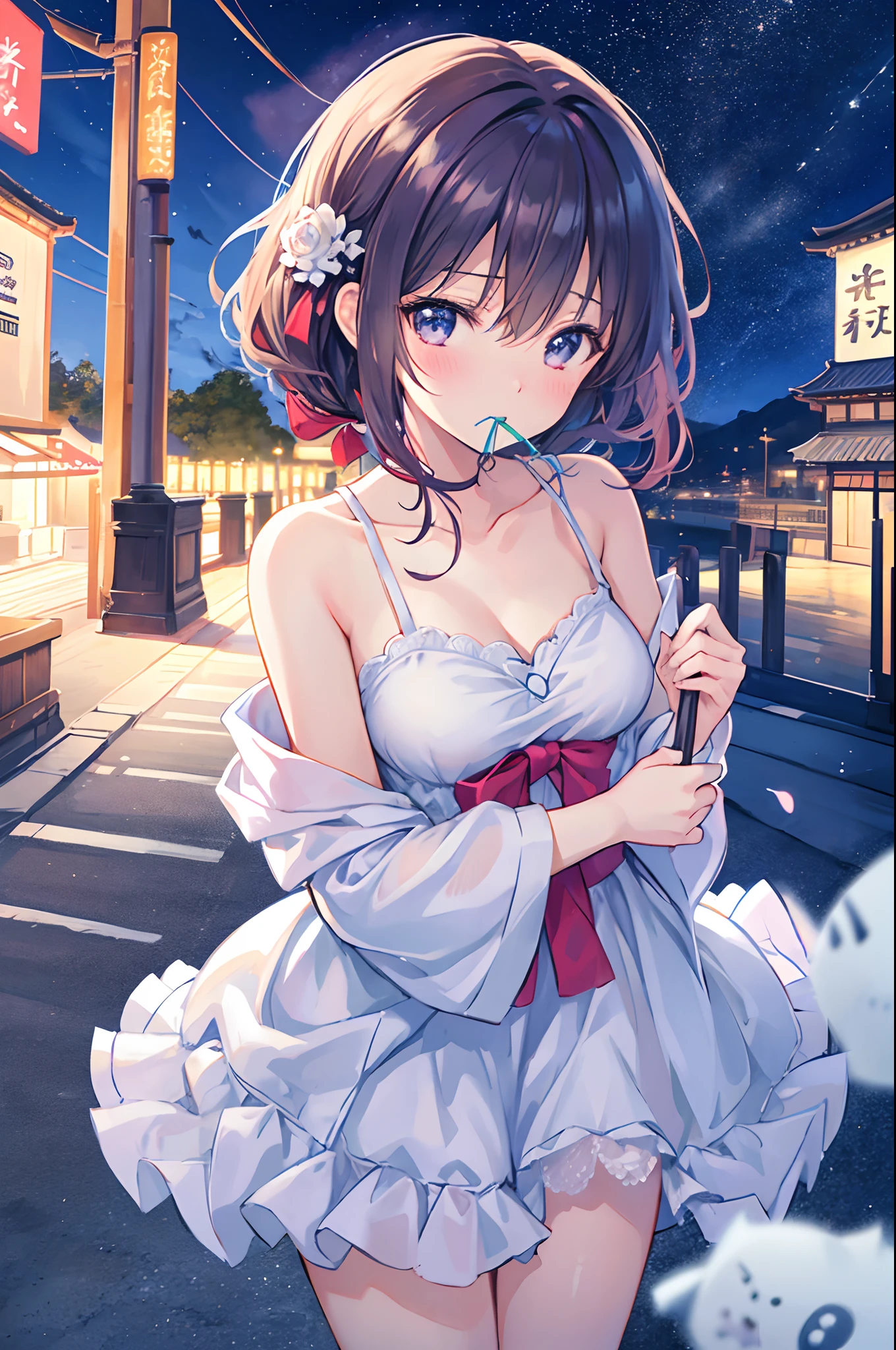 (Cinematic Digital Artwork: 1.3), High quality, masutepiece, of the highest quality, Super Detail, Illustration, [4K Digital Art]!!、 Kyoto Animation Style, One Woman, Clavicle beauty, 鎖骨, light, wanting, Blue sky, positive, challenge, motivation, brilliance, Dynamic perspective、Mofumofu、cuddling、Hold the mofu in your mouth、kawaii、red blush、oxytocin