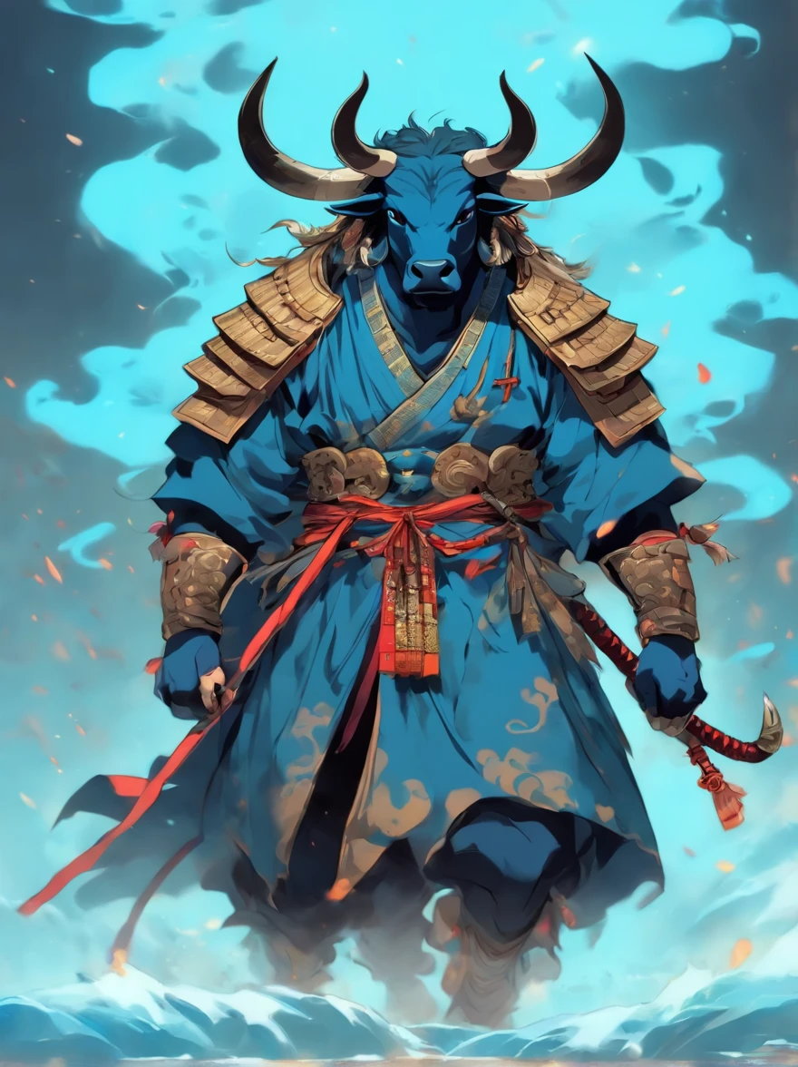 Minotaur in Greek mythology，Wearing Chinese armor，He wears a blue robe over his armor，Inspired by the Classic of Mountains and Seas，cow head，cow horn，armor，Long-handled weapon，longspear，moon bull samurai, Anthropomorphic samurai cow，Traditional Chinese concept art，black bull samurai，asura from chinese myth