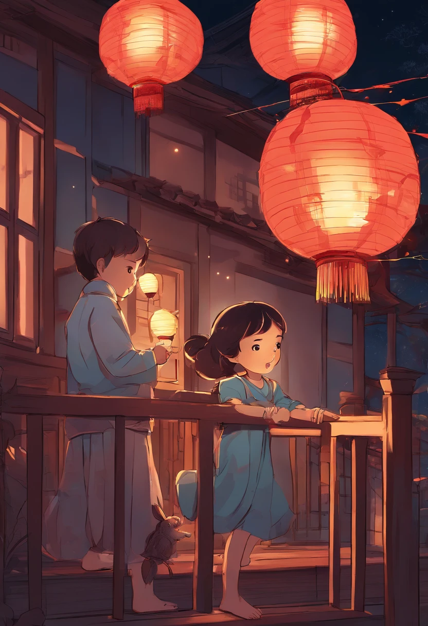 A festival of lights on the night of the full moon in China. Children light candles on the handrails of the balcony. Children are happily playing with paper lanterns in the shape of rabbits made of oiled paper. peaceful night.