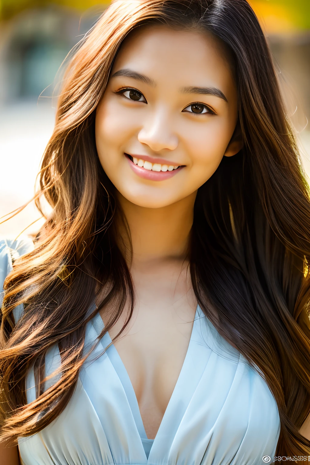 Javanese girl, 18 years old, (masterpiece), Javanese skin tone, best quality, expressive eyes, perfect face, (ultra realistic), (Orange Formal Suit), Smile, Long Black Hair, innocent face, natural wavy hair, brown eyes, High resolution, masterpiece, Best quality, intricate high detail, highly detailed, focus sharp focus, detailed skin, realistic skin texture, texture, detailed eyes, professional, 4K, charming smile, filmed on Canon, 85 mm, shallow depth of field, Kodak Vision Color, perfect fit body, Extremely detailed, photograph_\(ultra\ ), photoreallistic, Realstic, Post-processing, Maximum details, roughness, real life, ultra realist, photorealism, photography, 8K UHD, photography