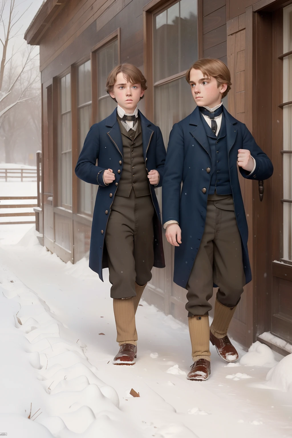 year: 1852. Location: Rock Island, Illinois. Pre-Raphaelite scene with -yeld ble boys, school fight, ((fist fight)), school back yard, winter snow, ((((boy Clothing from the 1850s)))) ((Hairstyle of the 1850s)), ((("OMITB" cinematography)))