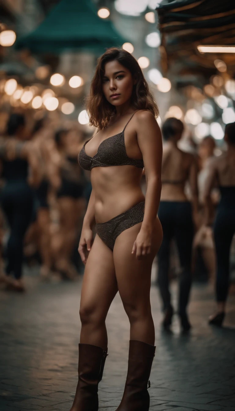 Full body portrait of a girl with a slightly chubby body,Three-point bikini,Tong,A street full of people,Block heeled boots