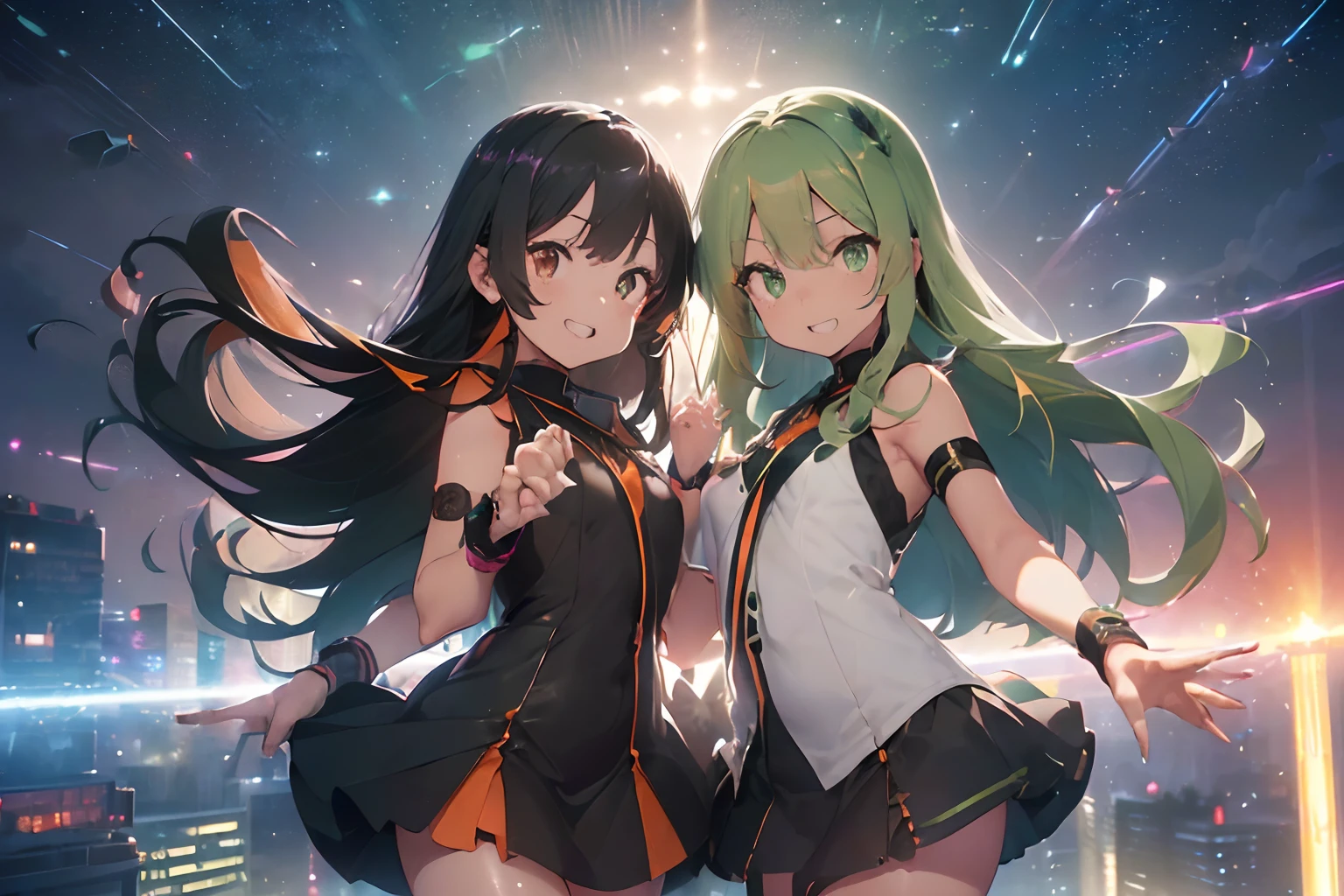 ((2dancing girls, group shot, it's dance is song of pink lady's ufo :1.3),(background:crowd dancing,and hands up, a lot u.f.o.,cityscape shibuya:1.5), (extremely detailed fine touch:1.2), (line art,water color painting,aesthetic art,light tone:1.3), (masterpiece, best quality, extremely detailed, anime, absurd-resolution,unity-8k,RAW-photo,hi-res,official art:1.2), (science fiction:1.4), (detailed laughing mars being), (it's above the many man's), (from below:1.2), (wide shot:1.3), (having detailed idol-type girls:1.1), BREAK, on is, (heart-shaped face,delicate facial features), (great smile,grin,half-opened mouth,emphasis on facial expression:1.2), (extremely detailed gradient eyes:1.2), (detailed sharp-long brown eyes,half-opened eyes:1.4), (Detailed jet-black long hair:1.3, colored orange inner hair, split-color hair,:1.4), bangs, (perfect breasts,3d rendering:1.2), realistic, (effect-light caustics,color temperature:1.2), (platinum sc?mbling colored shiny sequins dress,platinum long boots:1.4), (cinematic light,and particle light), colorful, dramatic shadows, (light-shadow symmetry:0.5),(high speed shutter, motion blur, light trail, flying u.f.o., moving at flying, straight:1.2), (scales, intricate details:1.2), dynamic pose, looking afar, outstretched arms,(shiny platinum wristband:1.3), BREAK, and another girl is (round green eyes:1.3,half-opened eyes:1.2), (Detailed jet-black long hair:1.3, colored green inner hair, split-color hair,:1.3),with dancing them):1.5).