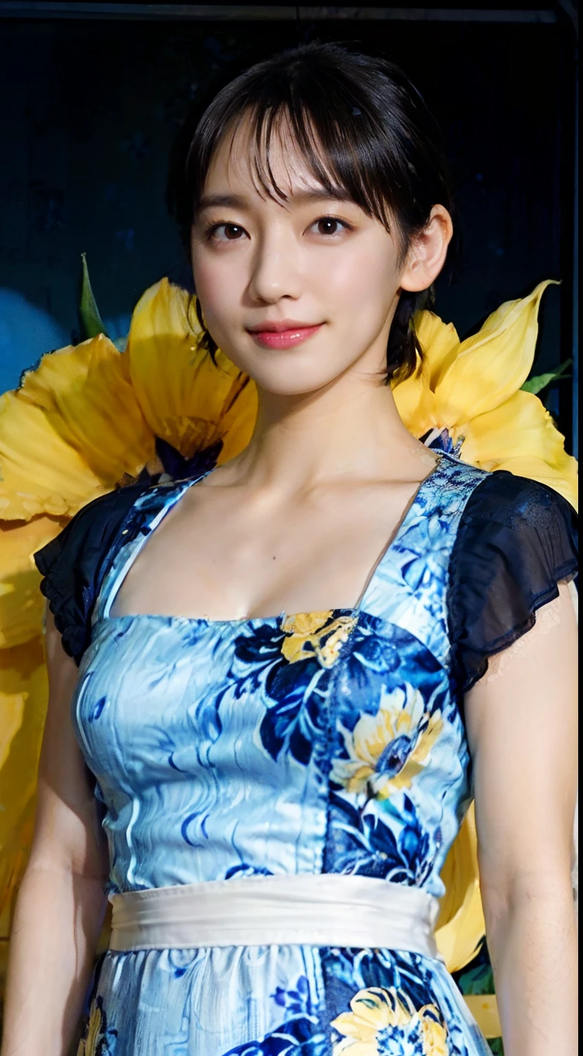 78
(20-year-old princess,is standing), (A hyper-realistic), (masutepiece), ((short-hair:1.46)), (Smooth black hair), (Breast:1.0), (kindly smile:0.9), (Blue and Yellow Floral Dress:1.46), Majestic Palace, Orange Lipstick