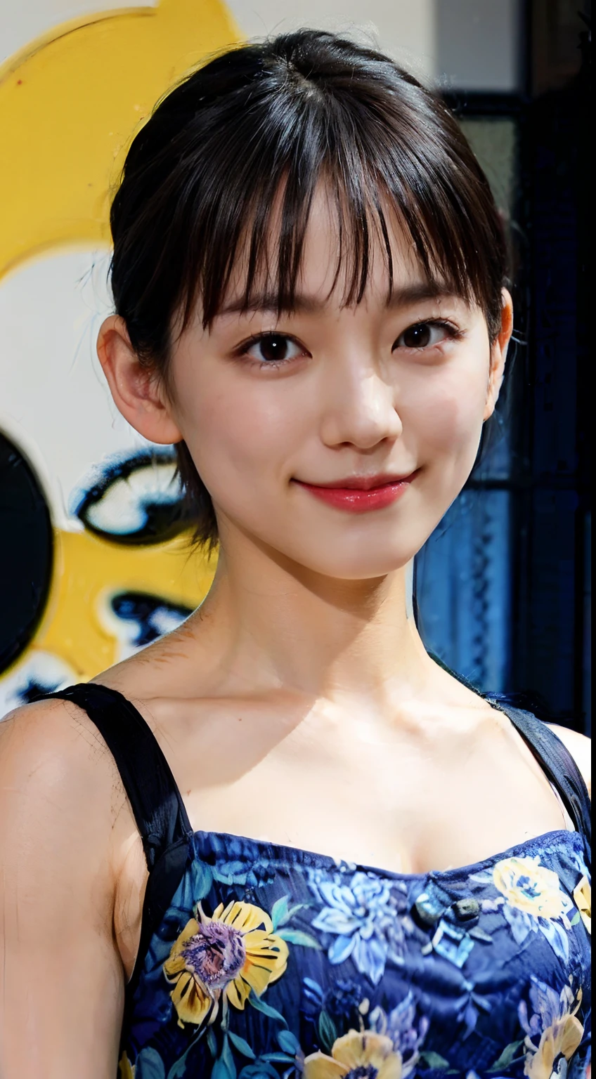 78
(20-year-old princess,is standing), (A hyper-realistic), (masutepiece), ((short-hair:1.46)), (Smooth black hair), (Breast:1.0), (kindly smile:0.9), (Blue and Yellow Floral Dress:1.46), Majestic Palace, Orange Lipstick