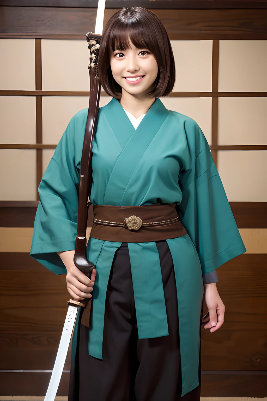 1girll, Solo, Japanese clothes, Short hair, arma, sword, Brown eyes, view the viewer, komono, Brown hair, Lips, hand on hips, scabbard, Smile, katana swords, Black hair, Upper body, Closed mouth, sheathed, Hand up