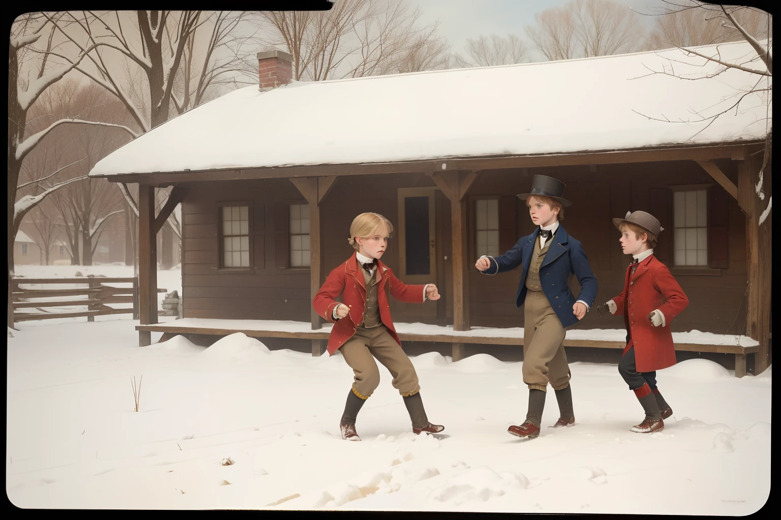 year: 1852. Location: Rock Island, Illinois. Pre-Raphaelite scene with a -yeld ble boy, school fight, ((fist fight)), school back yard, winter snow, ((((boy Clothing from the 1850s)))) ((Hairstyle of the 1850s)), ((("OMITB" cinematography)))