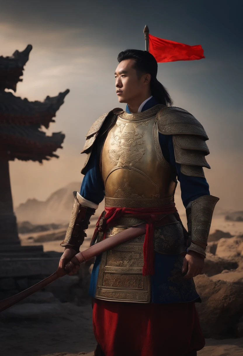 A man dressed in ancient Chinese battle armor,The overall style display is biased towards blue,In the background is the ruins of a battlefield,The man looked into the distance in the sea of corpses and blood,There is a flag on the back that identifies the traditional Wei