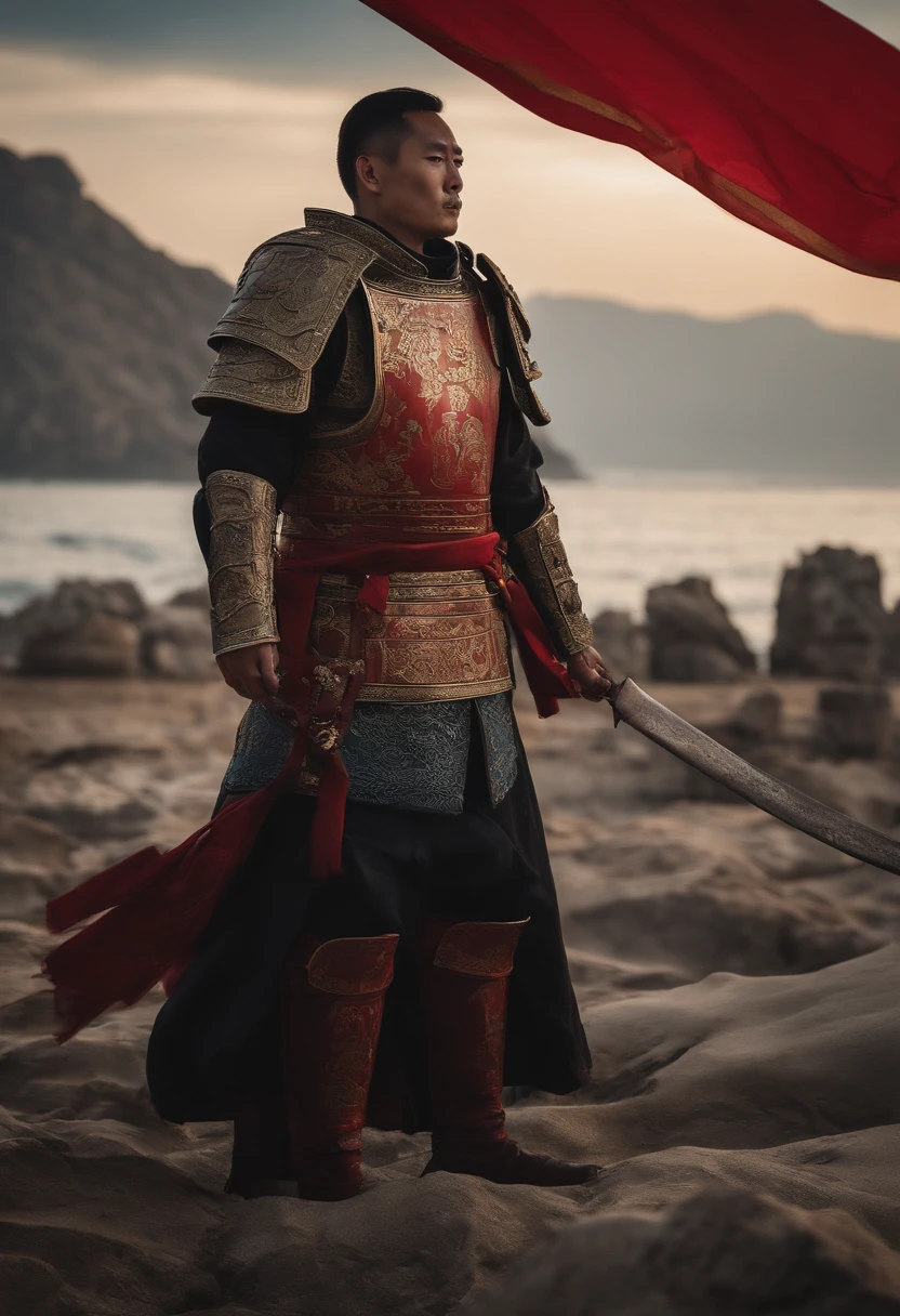 A man dressed in ancient Chinese battle armor,The overall style display is biased towards blue,In the background is the ruins of a battlefield,The man looked into the distance in the sea of corpses and blood,There is a flag on the back that identifies the traditional Wei