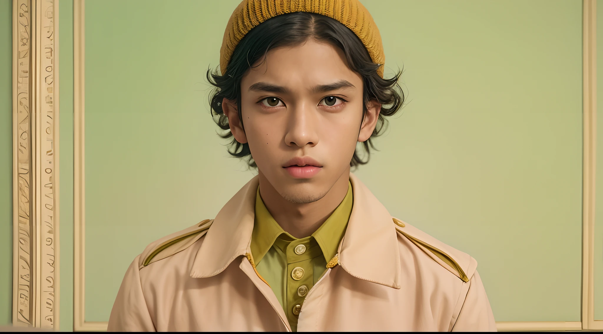 Vogue style photo shoot of malay teenage boy as character RAMBO from the movie The Royal Tenenbaums pastel colored background in Wes Anderson style, hyper - realistic photography, Wes Anderson style, full body, 8k, close - up shot, close - up photo