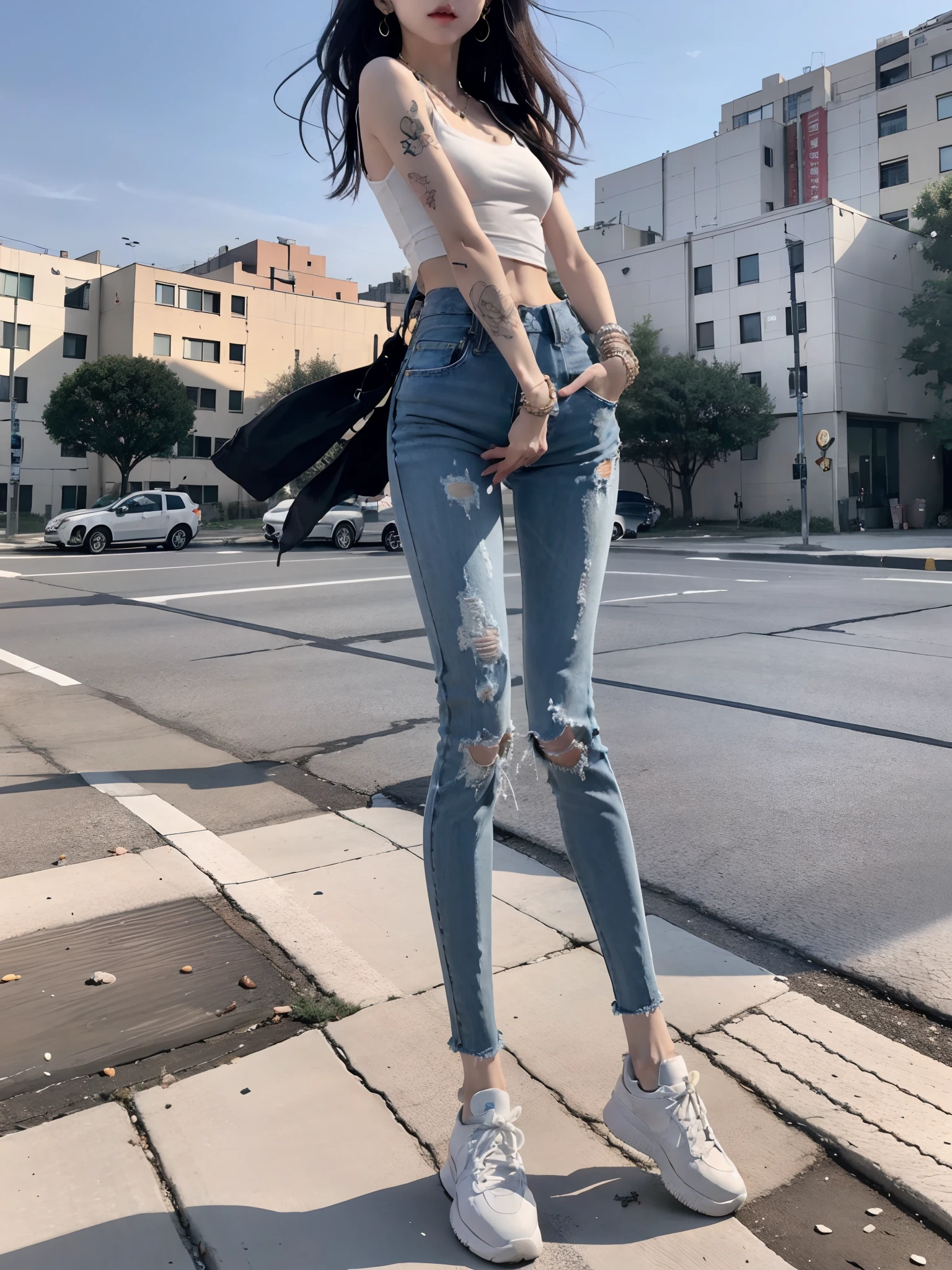 best qualtiy，Have on the street，one-girl，Fashion model，Back shadow，Slender and slender figure，Skinny，As thin as a whipping post，Smaller bust，bangle，with tattoos。athletic sneakers，denim pant，The legs are dirty，Girls excrete feces in their pants，Brown viscous substance，Perverted，nausea，artist wearing dirty，Wear dirty pants，excrement, vomit，polution，Dirty legs，Dirt stains cov
