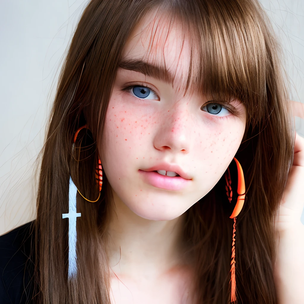 a 17-year-old teenager with brown hair in the front and red streaks in the back, mullet haircut, straight hair, brown eyes, freckles, nose piercing and cross-shaped earrings