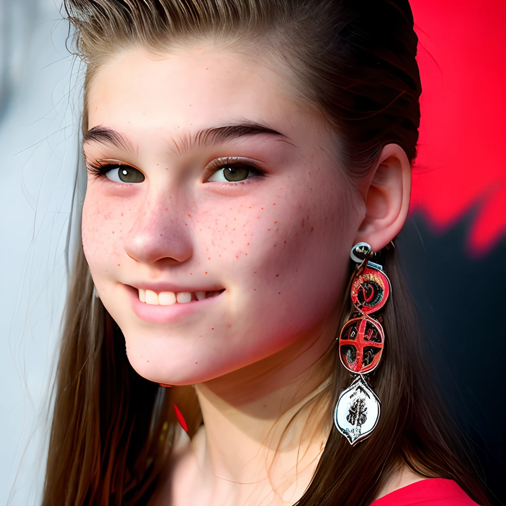 a 17-year-old teenager with brown hair in the front and red streaks in the back, mullet haircut, straight hair, brown eyes, freckles, nose piercing and cross-shaped earrings