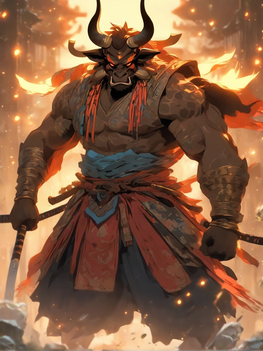 Minotaur in Greek mythology，Wearing Chinese armor，He wears a blue robe over his armor，Inspired by the Classic of Mountains and Seas，Black Minotaur，cow horn，armor，Long-handled weapon，longspear，moon bull samurai, Anthropomorphic samurai cow，Traditional Chinese concept art，black bull samurai，asura from chinese myth，8K分辨率、((top-quality))、((tmasterpiece))、((ultra - detailed))，（High- sharpness，ultra - detailed），tmasterpiece, High detail, (A high resolution, ultra - detailed), Cinematic lighting, Motion blur, Ray tracing, reflective light, Masterpiece, Best quality, High quality, Anatomically correct, Textured skin, High details, Super detail, 1080p, hyper HD,