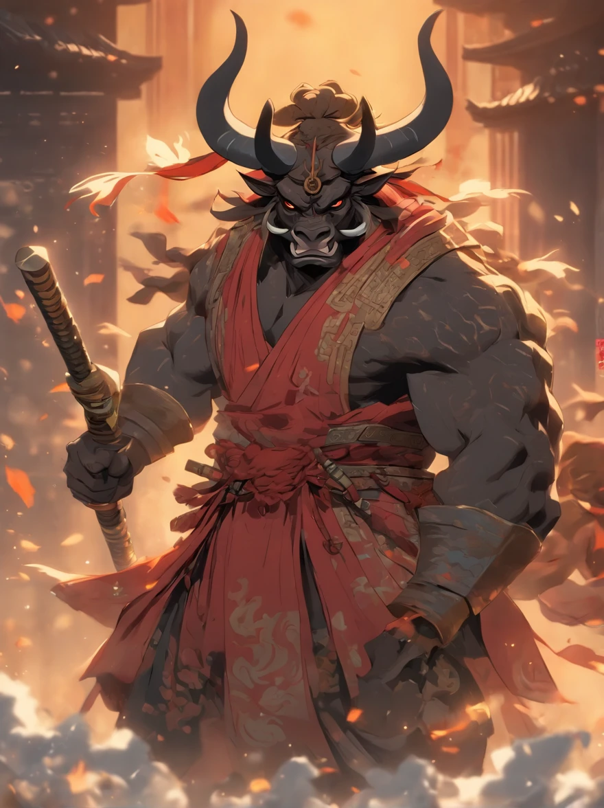 Minotaur in Greek mythology，Wearing Chinese armor，He wears a blue robe over his armor，Inspired by the Classic of Mountains and Seas，Black Minotaur，cow horn，armor，Long-handled weapon，longspear，moon bull samurai, Anthropomorphic samurai cow，Traditional Chinese concept art，black bull samurai，asura from chinese myth，8K分辨率、((top-quality))、((tmasterpiece))、((ultra - detailed))，（High- sharpness，ultra - detailed），tmasterpiece, High detail, (A high resolution, ultra - detailed), Cinematic lighting, Motion blur, Ray tracing, reflective light, Masterpiece, Best quality, High quality, Anatomically correct, Textured skin, High details, Super detail, 1080p, hyper HD,