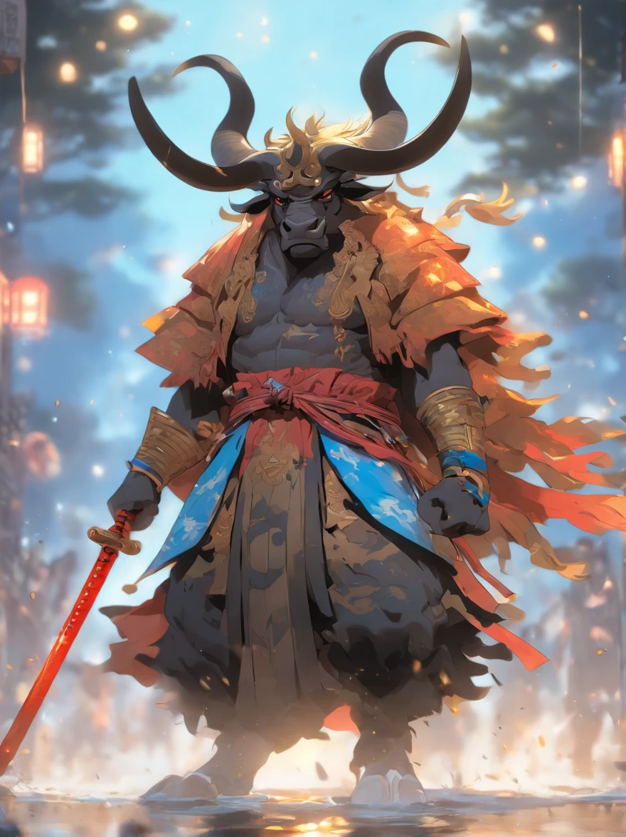 Minotaur in Greek mythology,Wearing Chinese armor,He wears a blue robe over his armor,Inspired by the Classic of Mountains and Seas,Black Minotaur,cow horn,armor,Long-handled weapon,longspear,moon bull samurai, Anthropomorphic samurai cow,Traditional Chinese concept art,black bull samurai,asura from chinese myth,8K分辨率、((top-quality))、((tmasterpiece))、((ultra - detailed)),(High- sharpness,ultra - detailed),tmasterpiece, High detail, (A high resolution, ultra - detailed), Cinematic lighting, Motion blur, Ray tracing, reflective light, Masterpiece, Best quality, High quality, Anatomically correct, Textured skin, High details, Super detail, 1080p, hyper HD,