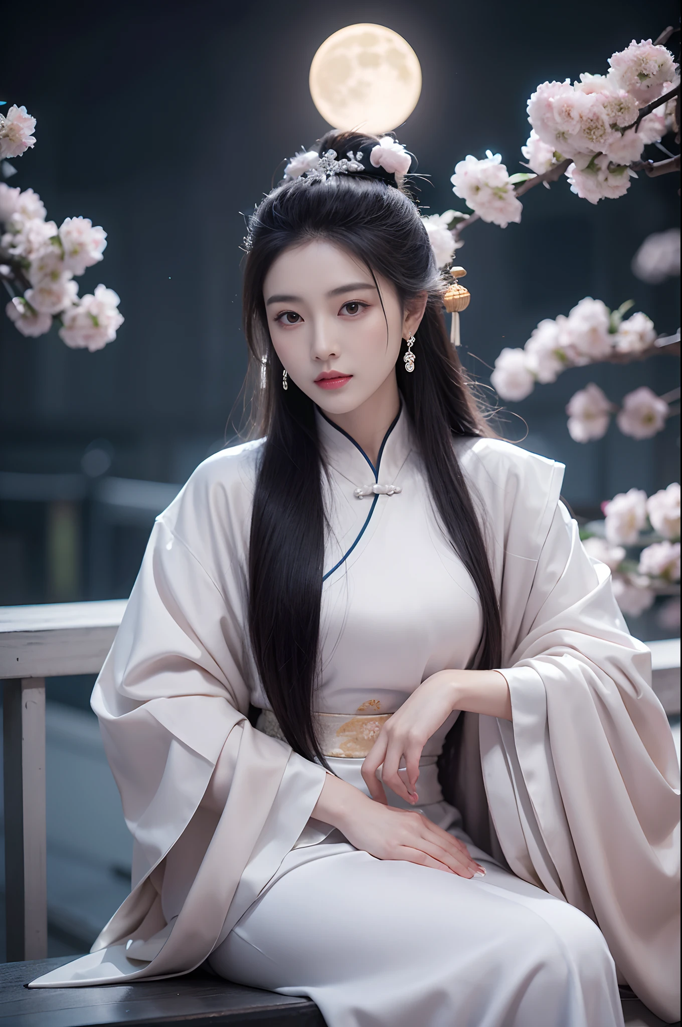 Masterpiece, Best, Night, full moon, 1 female, Mature woman, Chinese style, Ancient China, sister, Royal Sister, Silver white long haired woman, Pale pink lips, calm, Intellectual, tribelt, With gray eyes, assassins, daggers, flower ball background, Street view