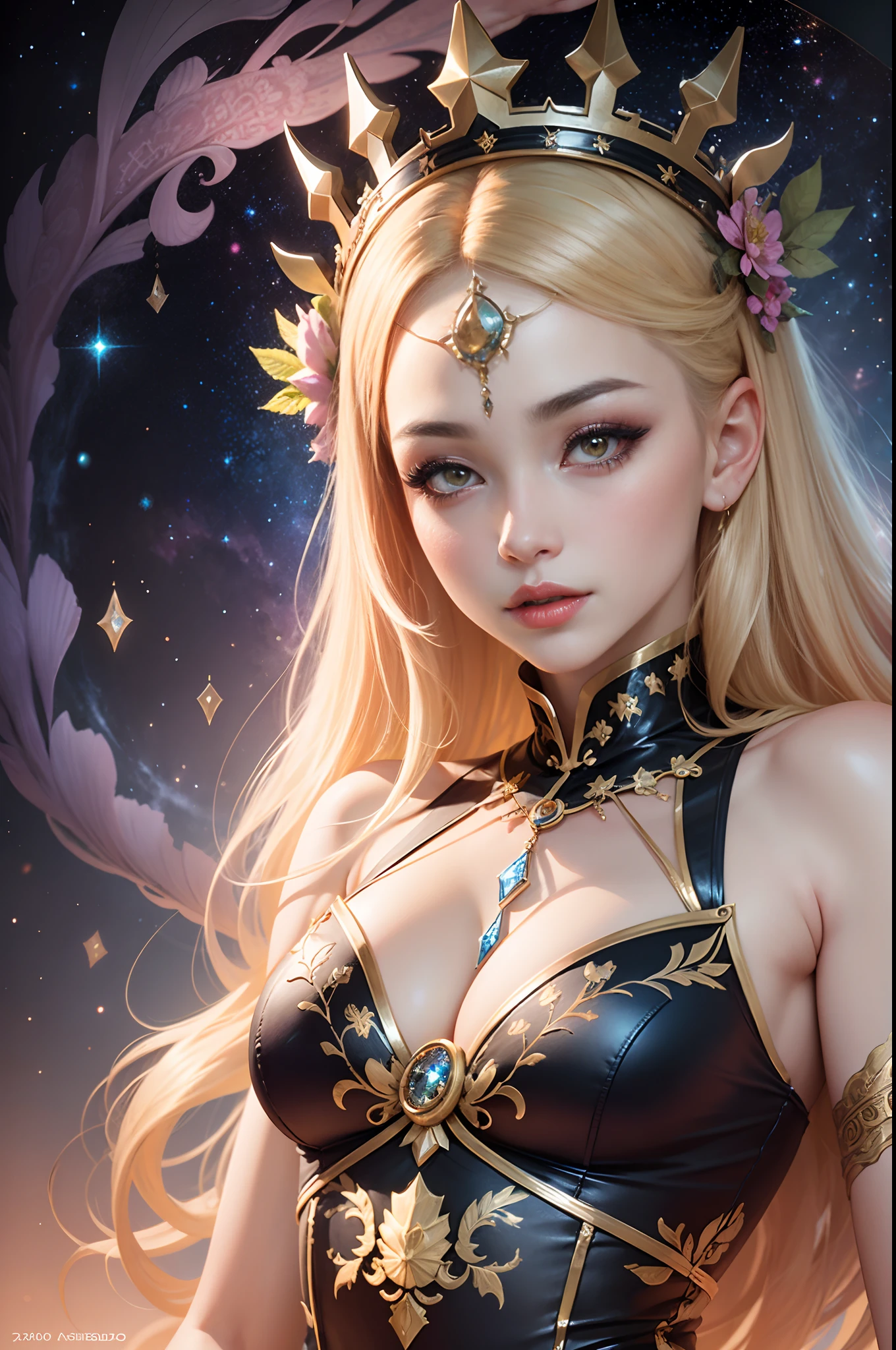 1 27-year-old girl, 1 zodiac goddess from the future, goddess of the pink and purple 12 zodiacs, the goddess of the zodiac in a yellow ao dai, a 12 zodiac ao dai with many black lace detail, mythology Goddess of the 12 zodiacs from the future, zodiac ♏, luxurious glittering zodiac style, dark and mysterious version, zodiac crown, lipstick lips red, thin and beautiful lips, mouth closed, characters made by karol bak and pino daeni, intricate detail, detailed background, extremely detailed, light magic, a woman, clear face, hair long with bangs, beautiful face in detail and well-proportioned eyes, (transparent yellow eyes: 1.8), big round eyes and very beautiful and detailed makeup, foresight, silk dress, mysterious makeup , double bangs and dyed light blonde , upper half portrait, zodiac goddess portrait, arms hanging loosely, Realistic and vivid photo, (stars make up the zodiac: 1.7), (sky background zodiac and fictitious space and time portal: 1.8), fiction art, RAW photo, hanfu picture, best photo, best photo quality, 8k quality, 8k ultra, super realistic, real photo most economical, the goddess poses sexy and seductive,  - --auto --s2