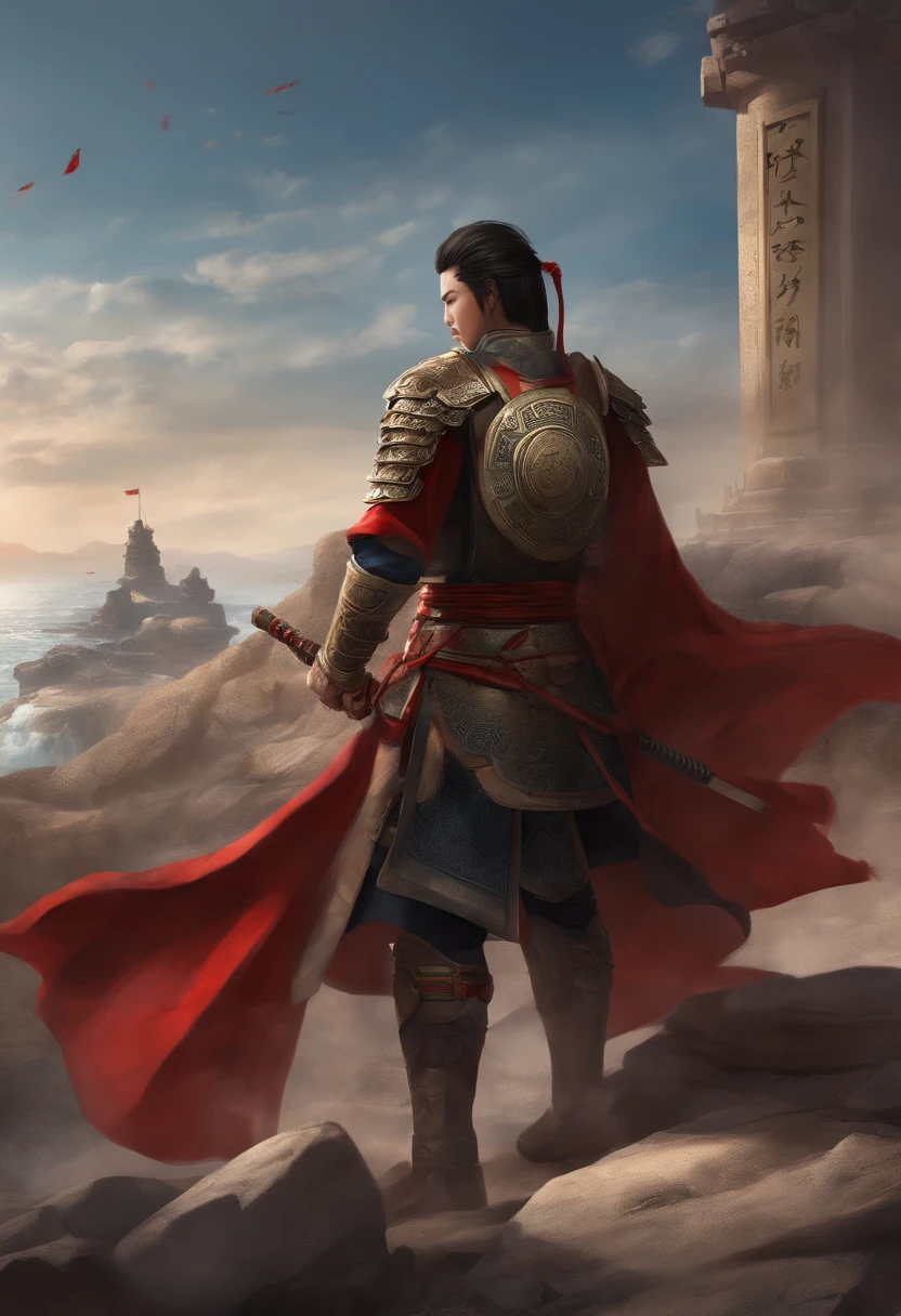 Anime style: A man dressed in ancient Chinese armor,The overall style display is biased towards blue,In the background is the ruins of a battlefield,The man looked into the distance in the sea of corpses and blood,There is a flag on the back that identifies the traditional Wei