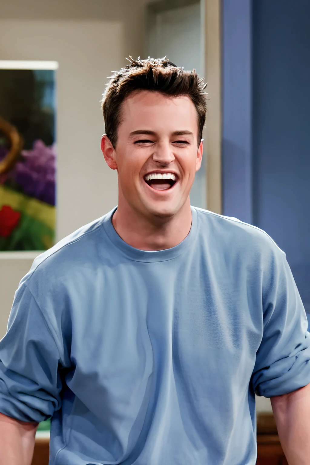 1boy, upper body, looking at viewer,  chandler, chandler bing, laughing, teeth, 
indoors, 
masterpiece, high quality, absurdres, realistic, in haven