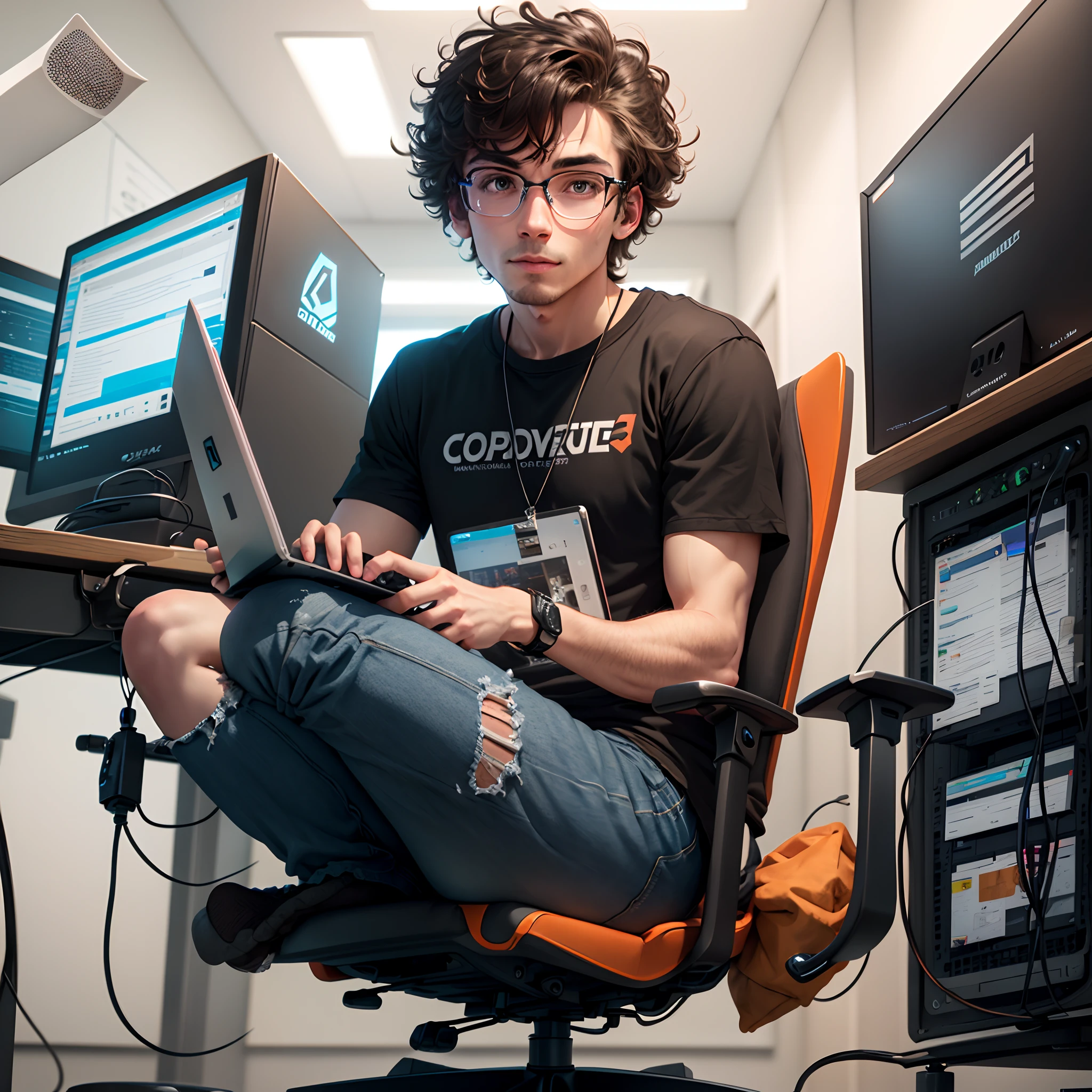 A content creator sits and behind him are computers