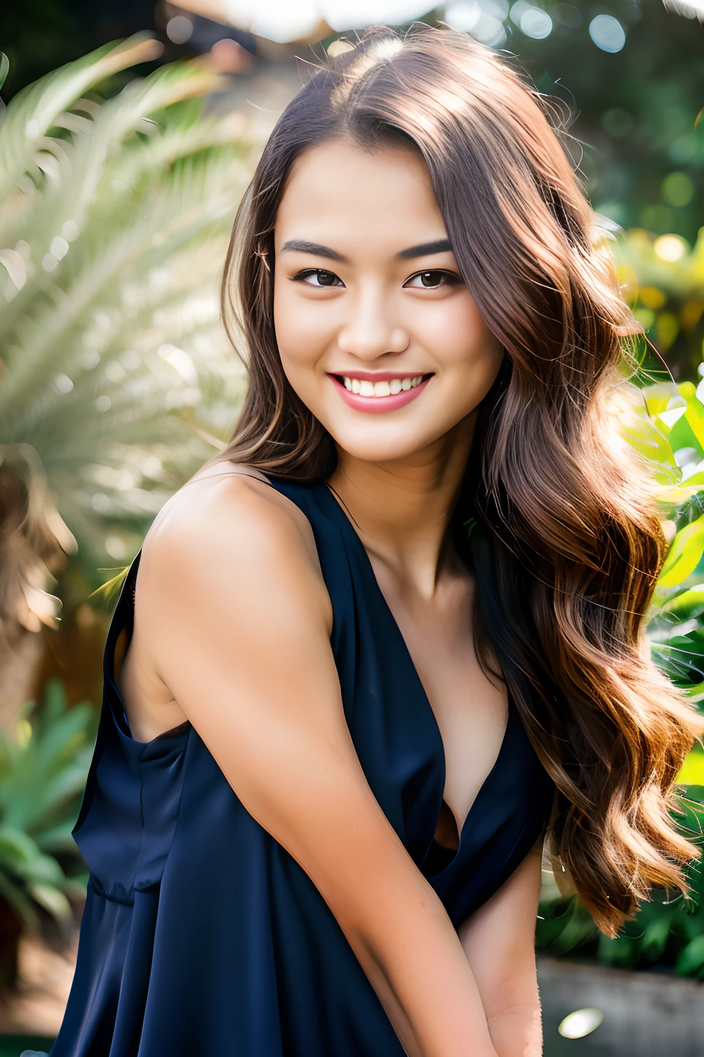 Javanese girl, 18 years old, (masterpiece), Javanese skin tone, best quality, expressive eyes, perfect face, (ultra realistic), (Orange Formal Suit), Smile, Long Black Hair, innocent face, natural wavy hair, brown eyes, High resolution, masterpiece, Best quality, intricate high detail, highly detailed, focus sharp focus, detailed skin, realistic skin texture, texture, detailed eyes, professional, 4K, charming smile, filmed on Canon, 85 mm, shallow depth of field, Kodak Vision Color, perfect fit body, Extremely detailed, photograph_\(ultra\ ), photoreallistic, Realstic, Post-processing, Maximum details, roughness, real life, ultra realist, photorealism, photography, 8K UHD, photography