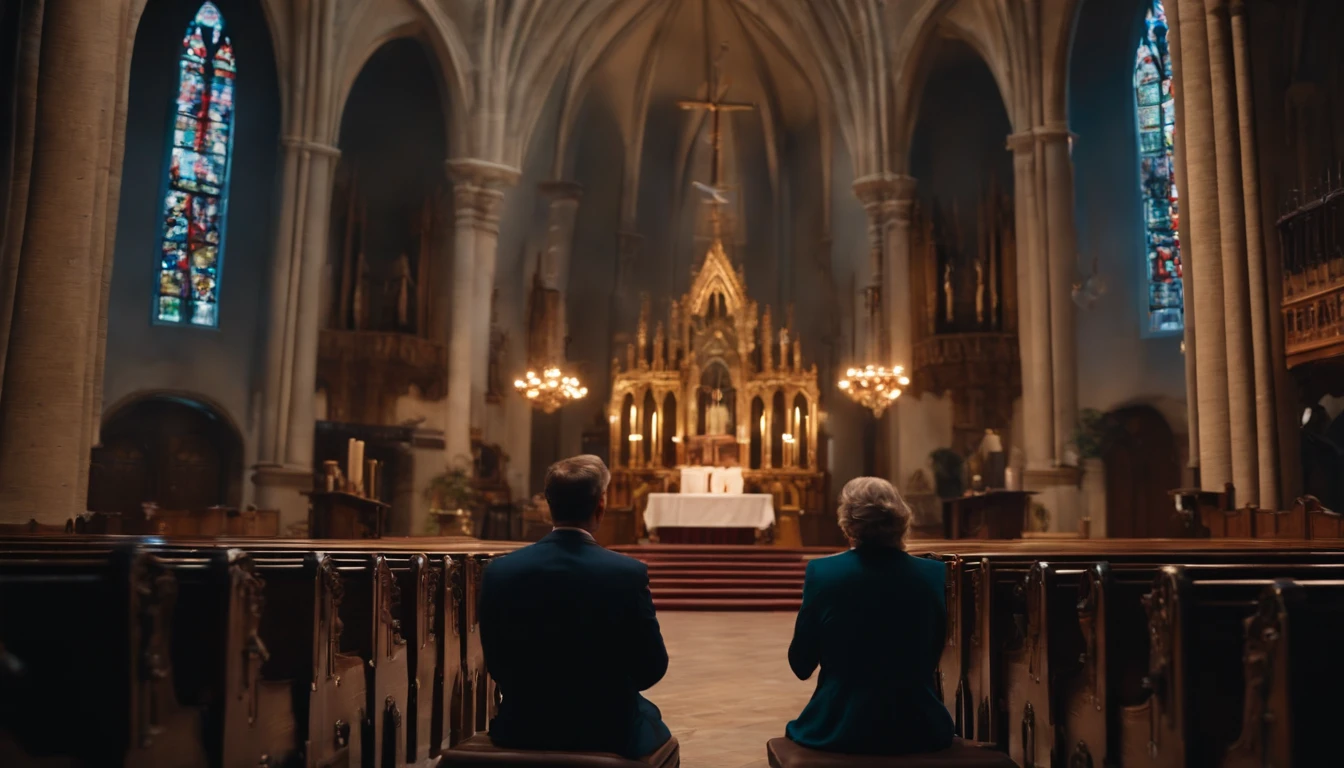 a couple in church praying, blessed, God, ultra-realistic, 4k, cinematic, intricate details