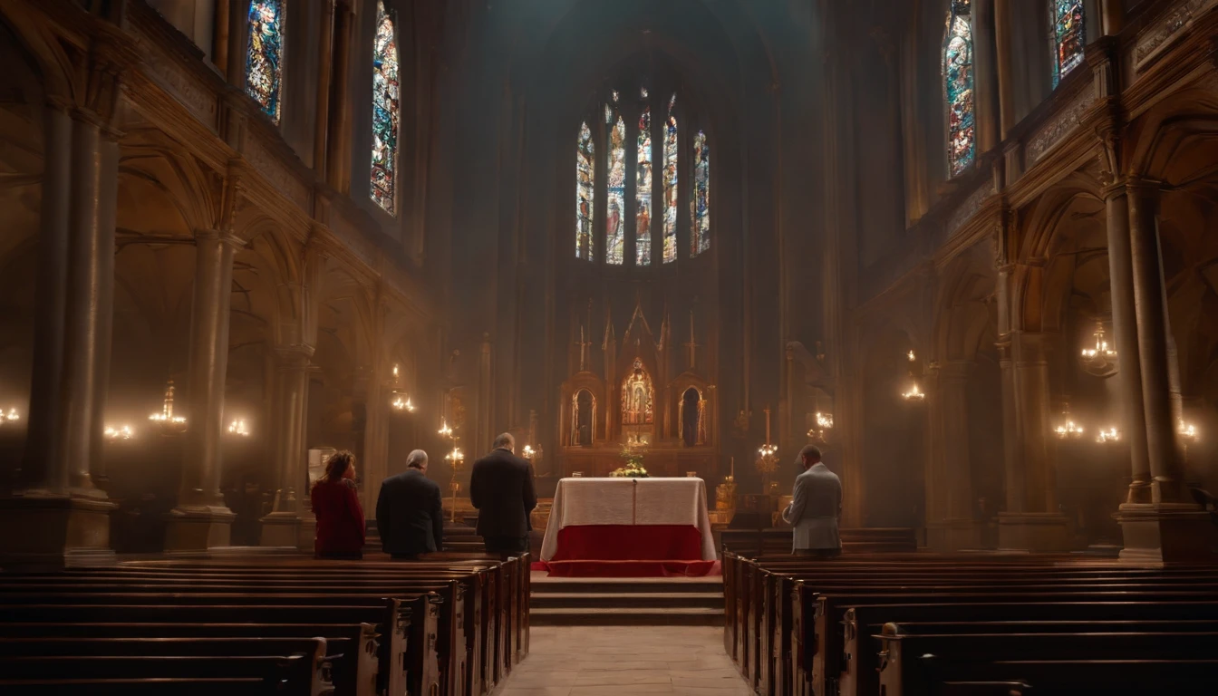 a couple in church praying, blessed, God, ultra-realistic, 4k, cinematic, intricate details