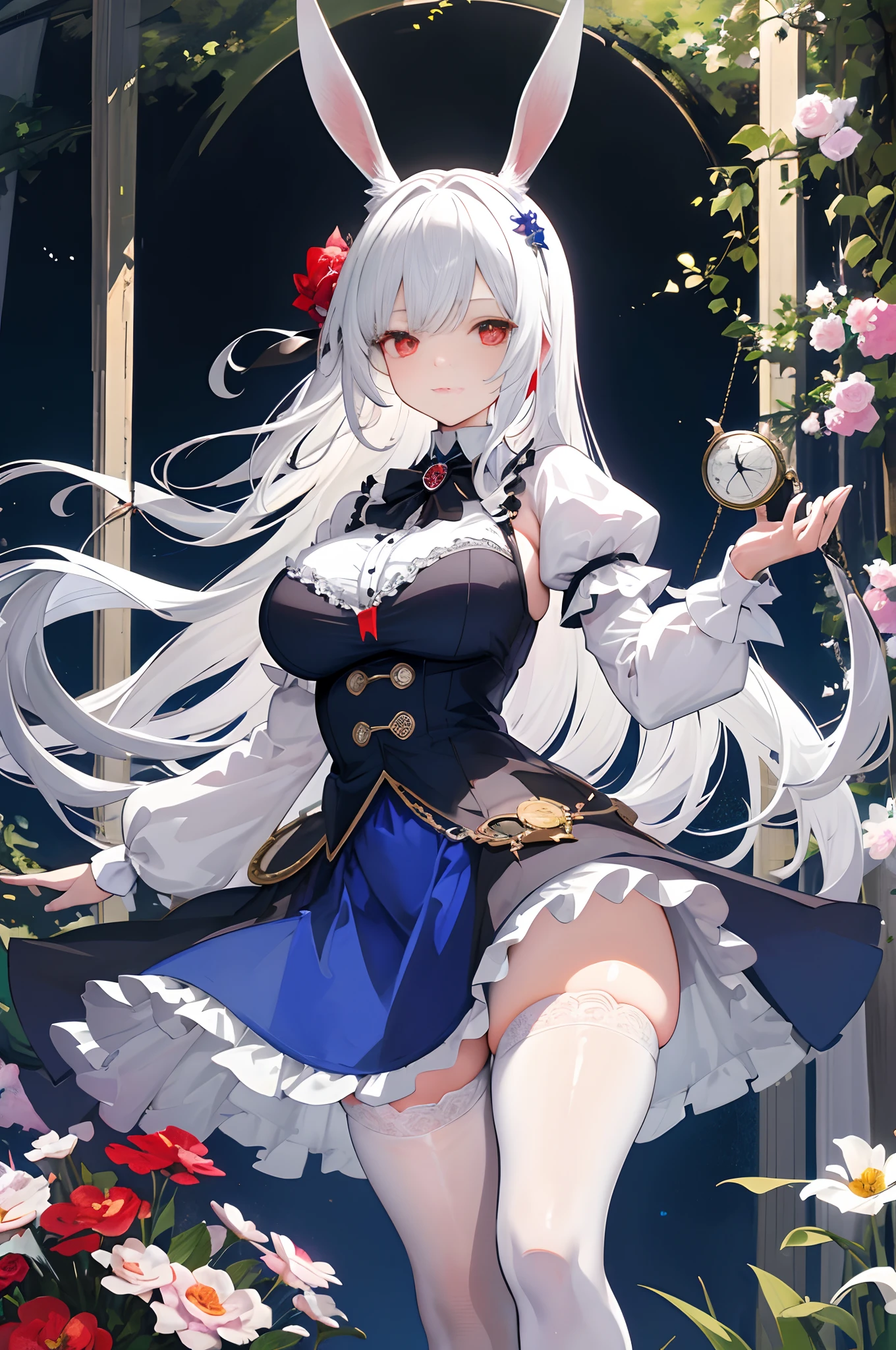 ((masterpiece, best quality, high resolution)), 1female, bunny ears, white hair, red eyes, forest, wonderland, blue gothic dress, mature, white stockings, multi-color flowers, pocket watch, thick thighs, medium breasts