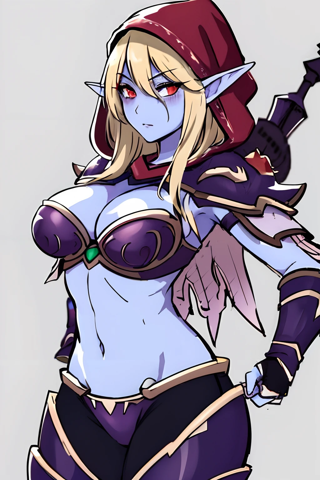 red eyes, sylvanas_windrunner, sylv-lora, 1girl, elf, bikini armor, solo, breasts, armor, Leggings ,pointy ears, hood, undead, colored skin, navel, glowing eyes, large breasts, blue skin, cleavage, glowing, quiver, shoulder armor, blonde hair, masterpiece, best quality, cowboy shot, dark background,