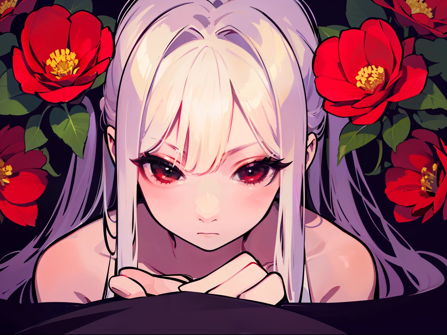 Extremely delicate and beautiful, Amazing, finedetail, Masterpiece, Ultra-detailed, A high resolution,Best Illustration, Best shadow,Intricate,Sharp focus,  High quality, 1female, Solo,. Red eyes, Flowers for sale, Woman looking at flowers, Flowers everywhere