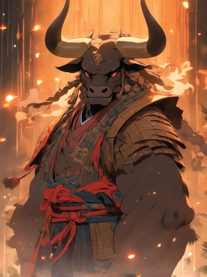Minotaur in Greek mythology,Wearing Chinese armor,He wears a blue robe over his armor,Inspired by the Classic of Mountains and Seas,Black Minotaur,cow horn,armor,Long-handled weapon,longspear,moon bull samurai, Anthropomorphic samurai cow,the night,bamboo forrest,rays of moonlight,Traditional Chinese concept art,black bull samurai,asura from chinese myth,8K分辨率、((top-quality))、((tmasterpiece))、((ultra - detailed)),(High- sharpness,ultra - detailed),tmasterpiece, High detail, (A high resolution, ultra - detailed), Cinematic lighting, Motion blur, Ray tracing, reflective light, Masterpiece, Best quality, High quality, Anatomically correct, Textured skin, High details, Super detail, 1080p, hyper HD,