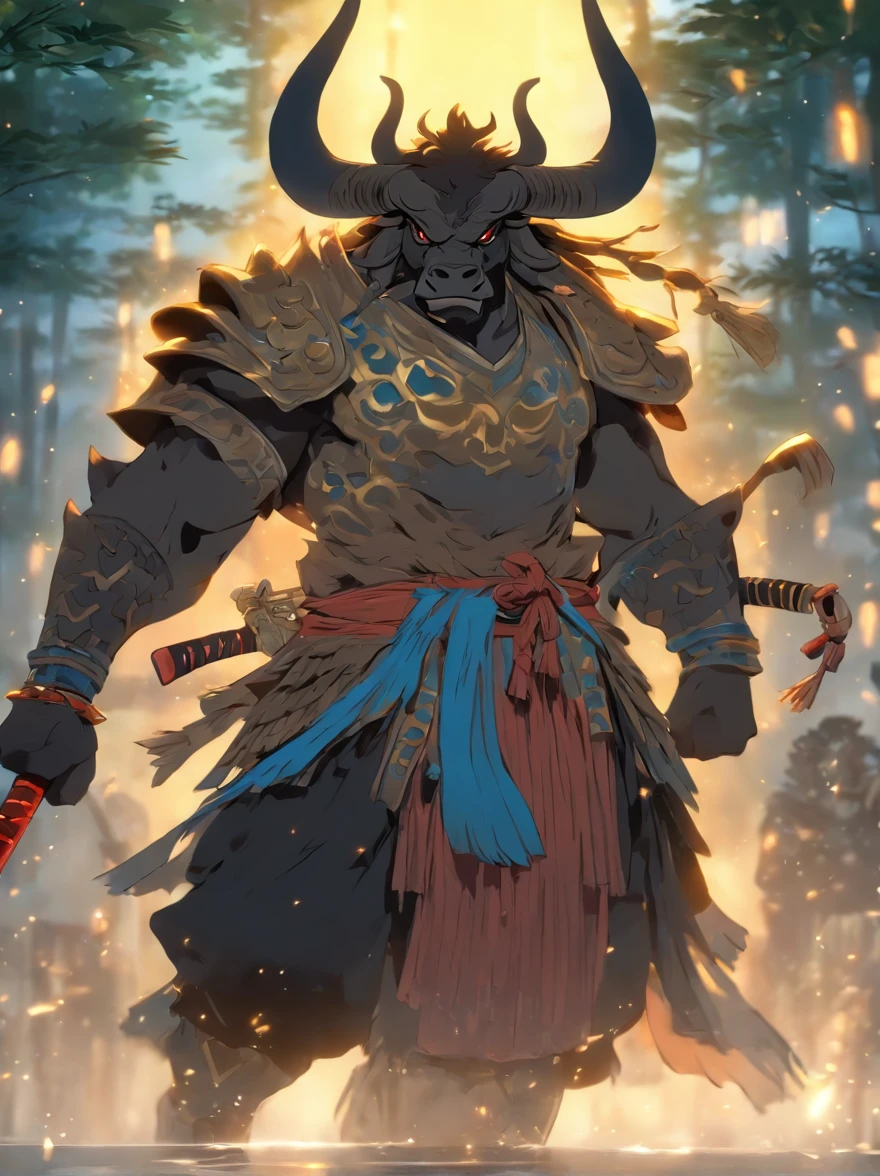 Minotaur in Greek mythology,Wearing Chinese armor,He wears a blue robe over his armor,Inspired by the Classic of Mountains and Seas,Black Minotaur,cow horn,armor,Long-handled weapon,longspear,moon bull samurai, Anthropomorphic samurai cow,the night,bamboo forrest,rays of moonlight,Traditional Chinese concept art,black bull samurai,asura from chinese myth,8K分辨率、((top-quality))、((tmasterpiece))、((ultra - detailed)),(High- sharpness,ultra - detailed),tmasterpiece, High detail, (A high resolution, ultra - detailed), Cinematic lighting, Motion blur, Ray tracing, reflective light, Masterpiece, Best quality, High quality, Anatomically correct, Textured skin, High details, Super detail, 1080p, hyper HD,