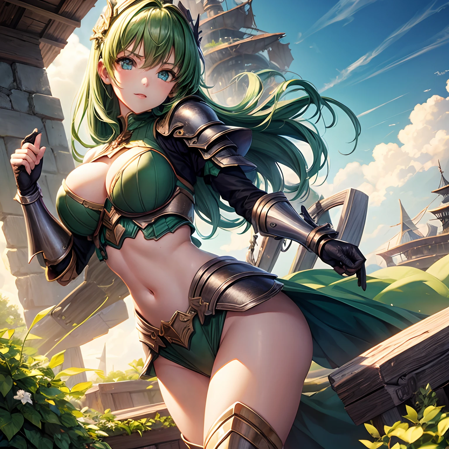 masterpiece, best quality, Heroes, solo, sexy girl, green big eyes,armor, in old ship roof outdoor ,(medium breasts)